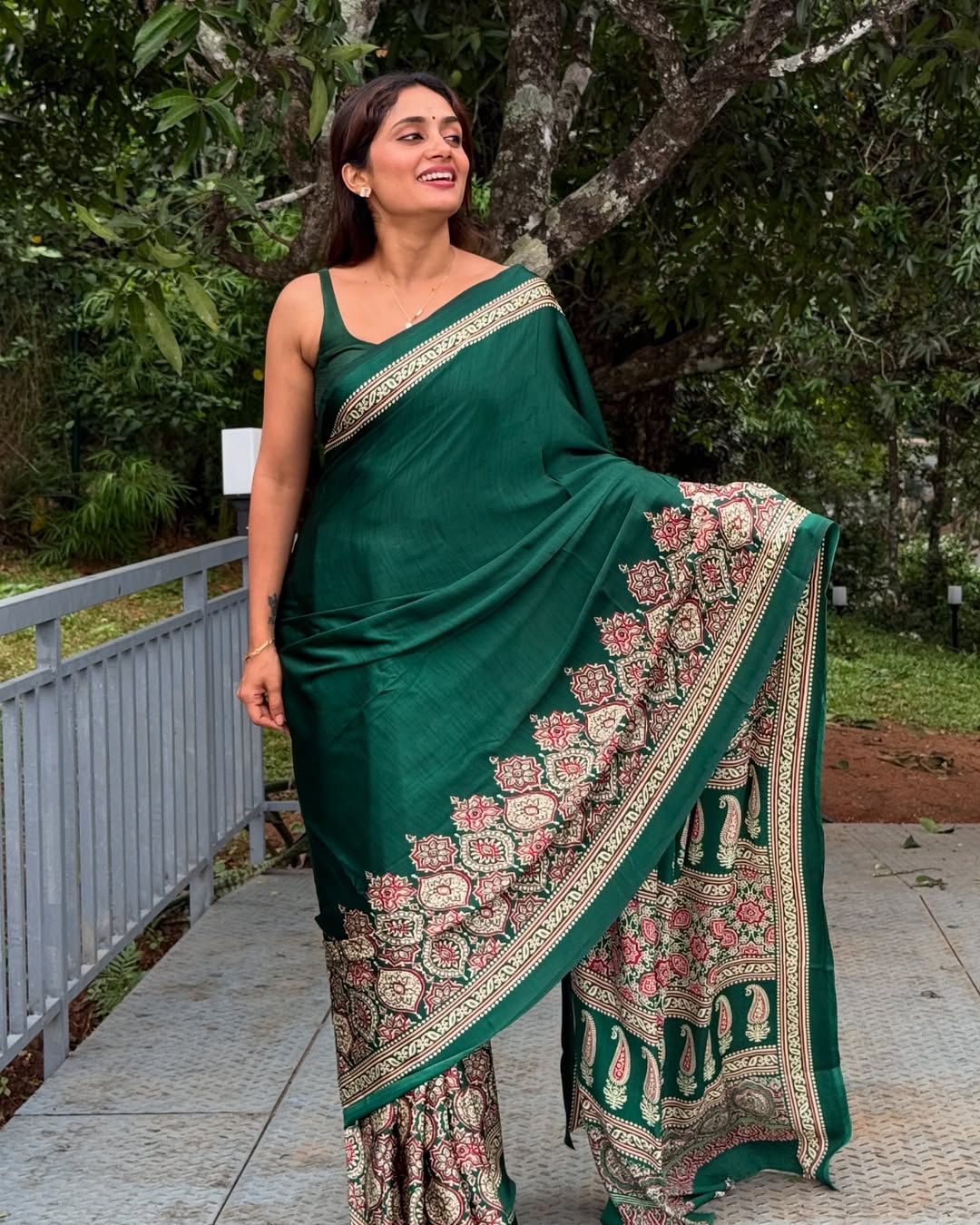 Saheli Green Modal Silk Ajrakh Natural Print saree