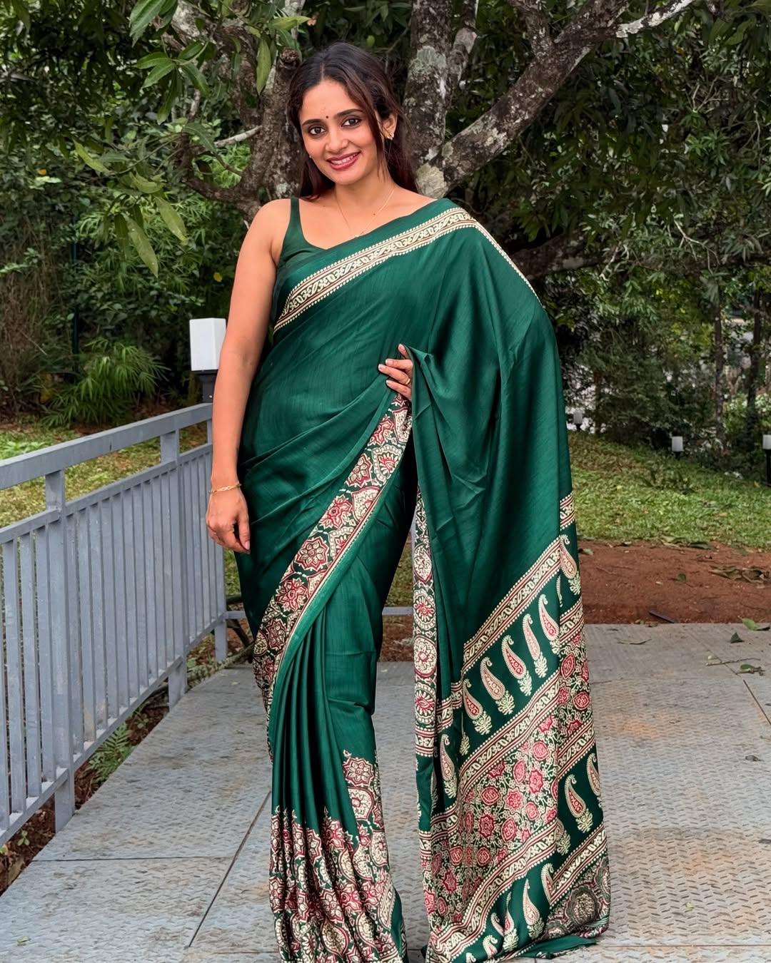 Saheli Green Modal Silk Ajrakh Natural Print saree