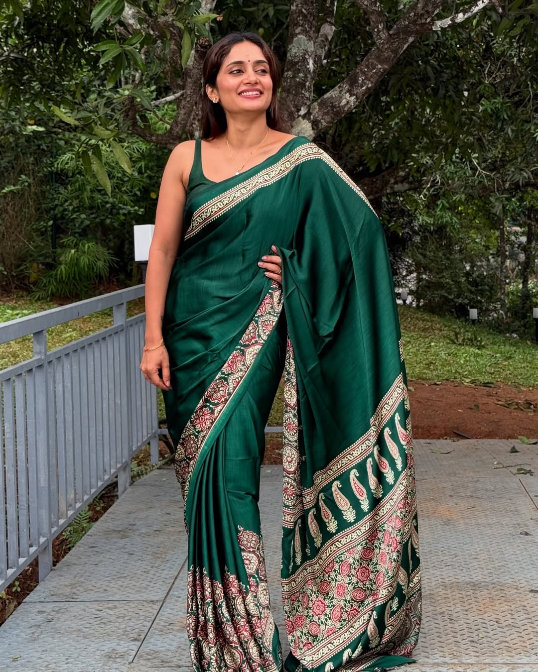 Saheli Green Modal Silk Ajrakh Natural Print saree