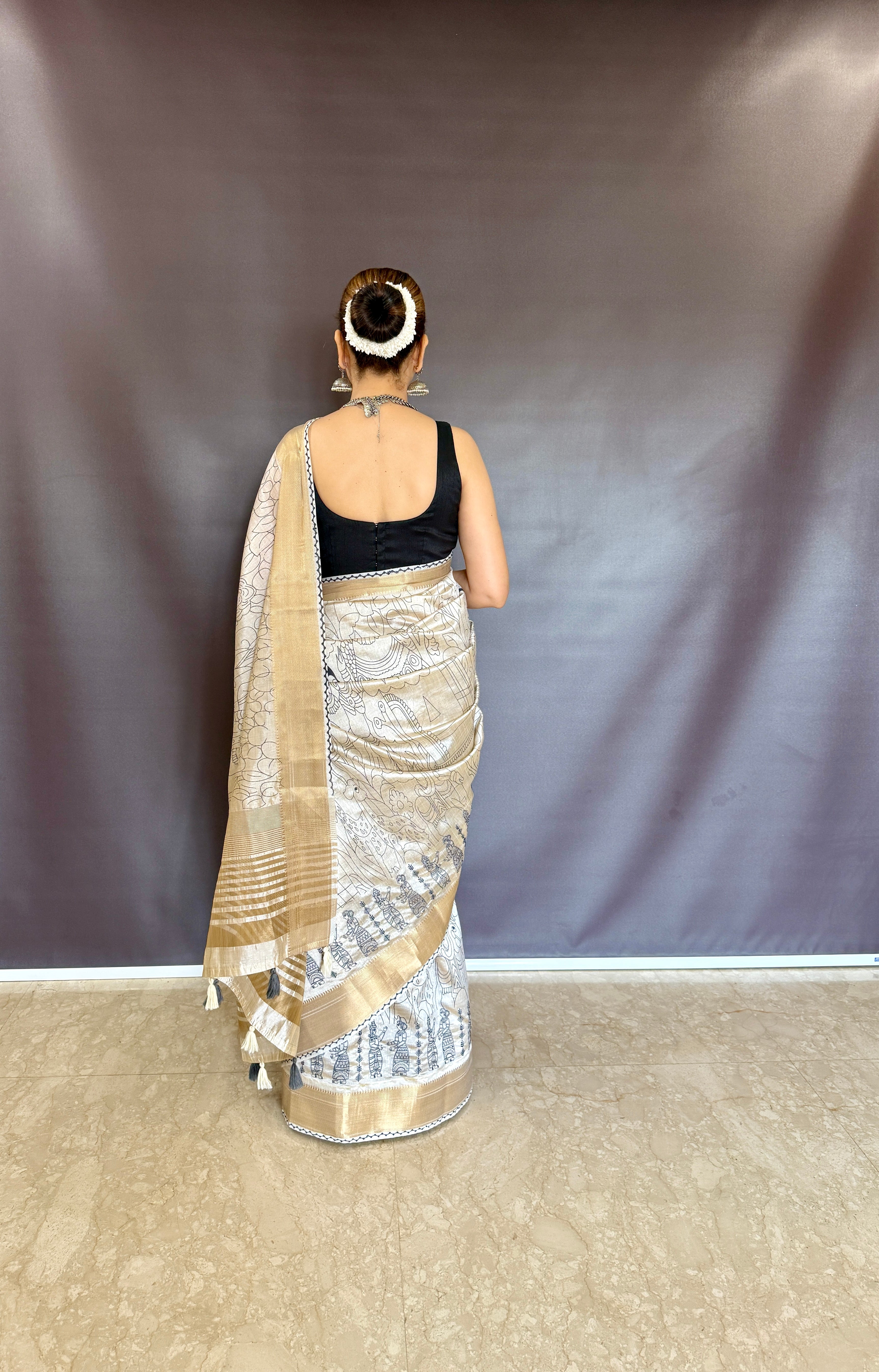 Summer Special Blue Hand Block With Work Linen Silk Saree