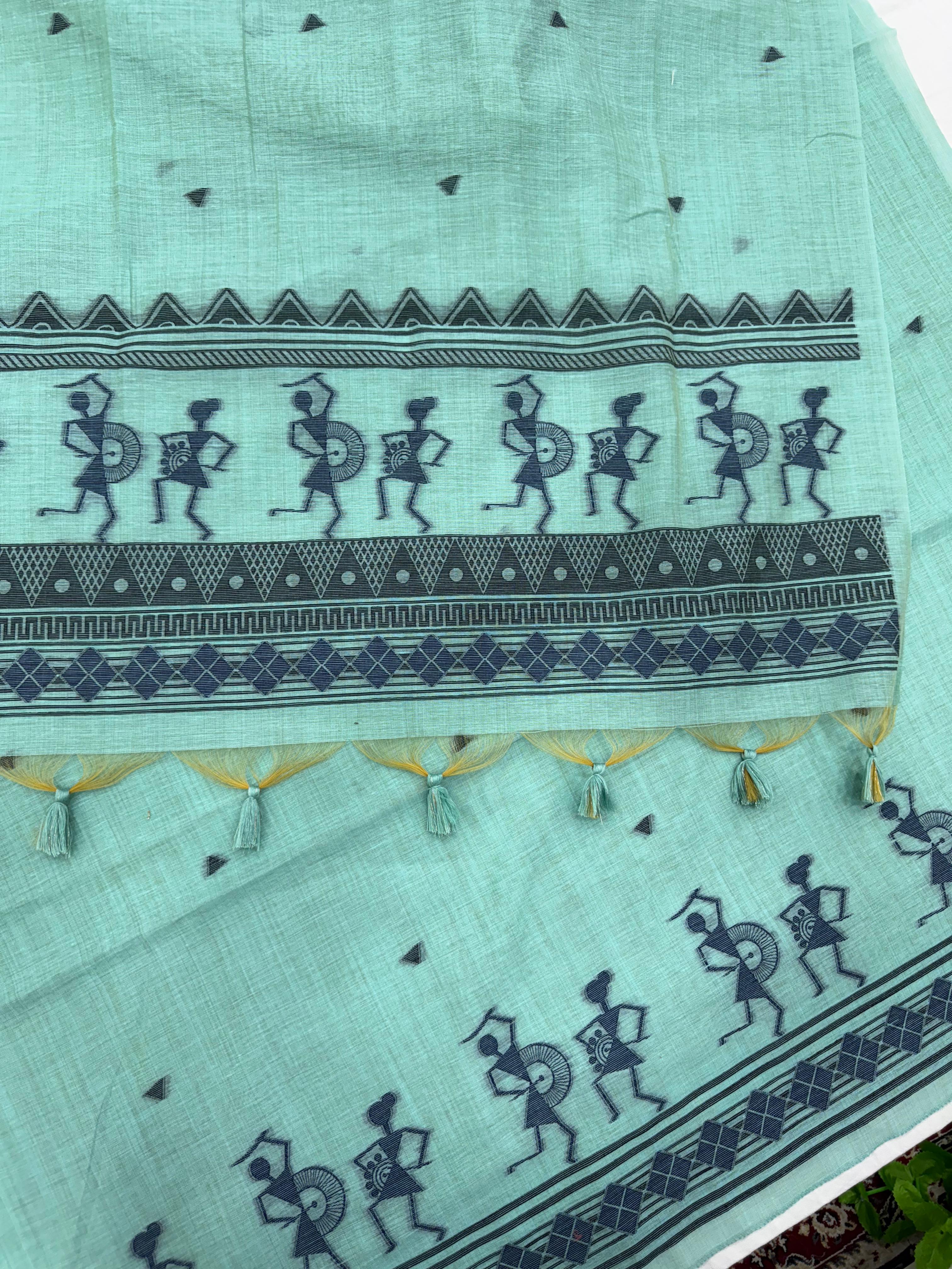 Aqua Blue Pure Muga Silk Warli With All Over Butti Weaving Unstitched 3pis Dress Material