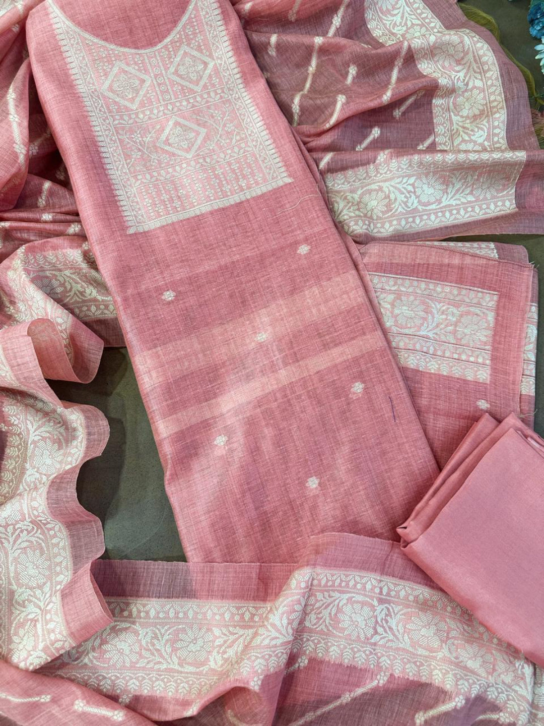 Rose Pink Pure Soft Muga Cotton Weaving Work Unstitched Dress Material