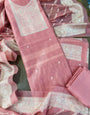 Rose Pink Pure Soft Muga Cotton Weaving Work Unstitched Dress Material