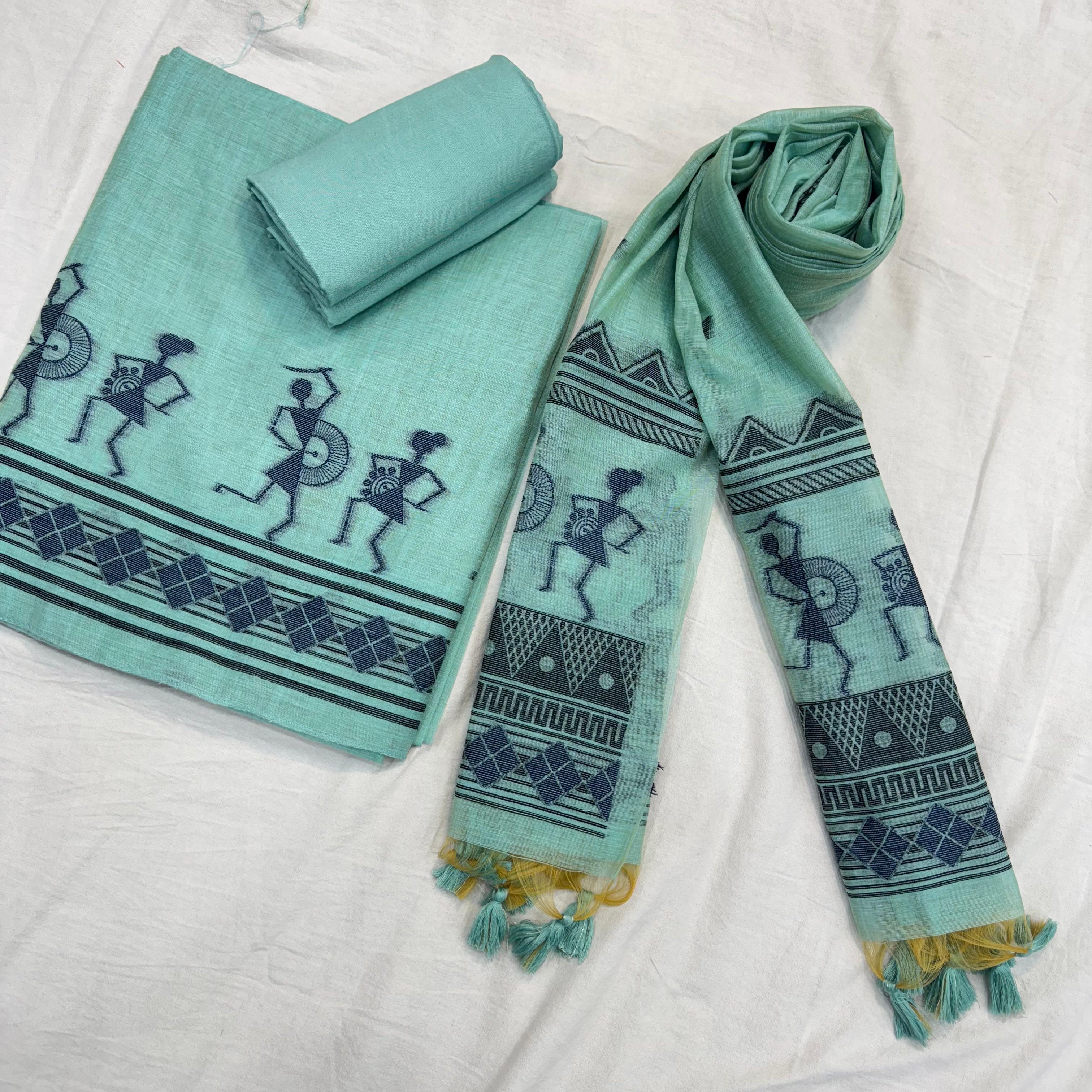 Aqua Blue Pure Muga Silk Warli With All Over Butti Weaving Unstitched 3pis Dress Material