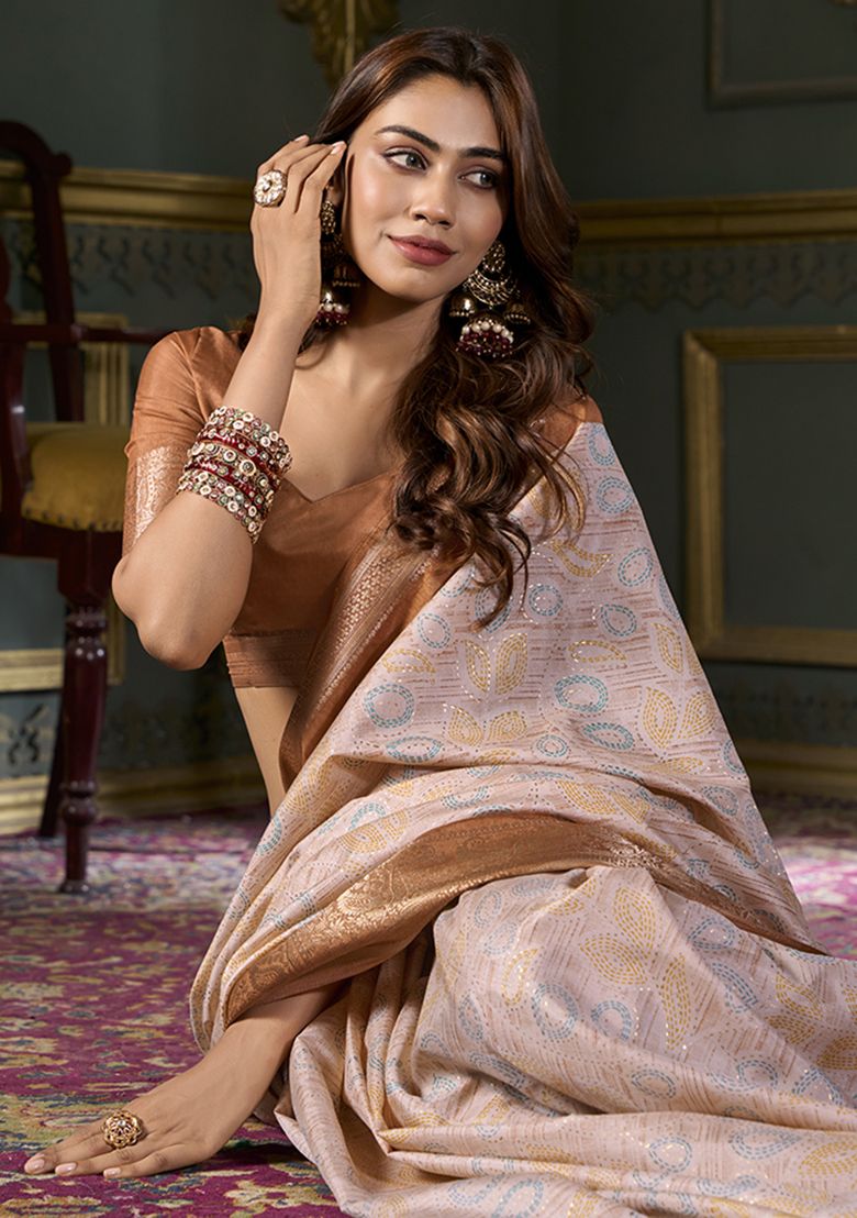 Ice Cream Brown Foil Soft Silk Printed Saree