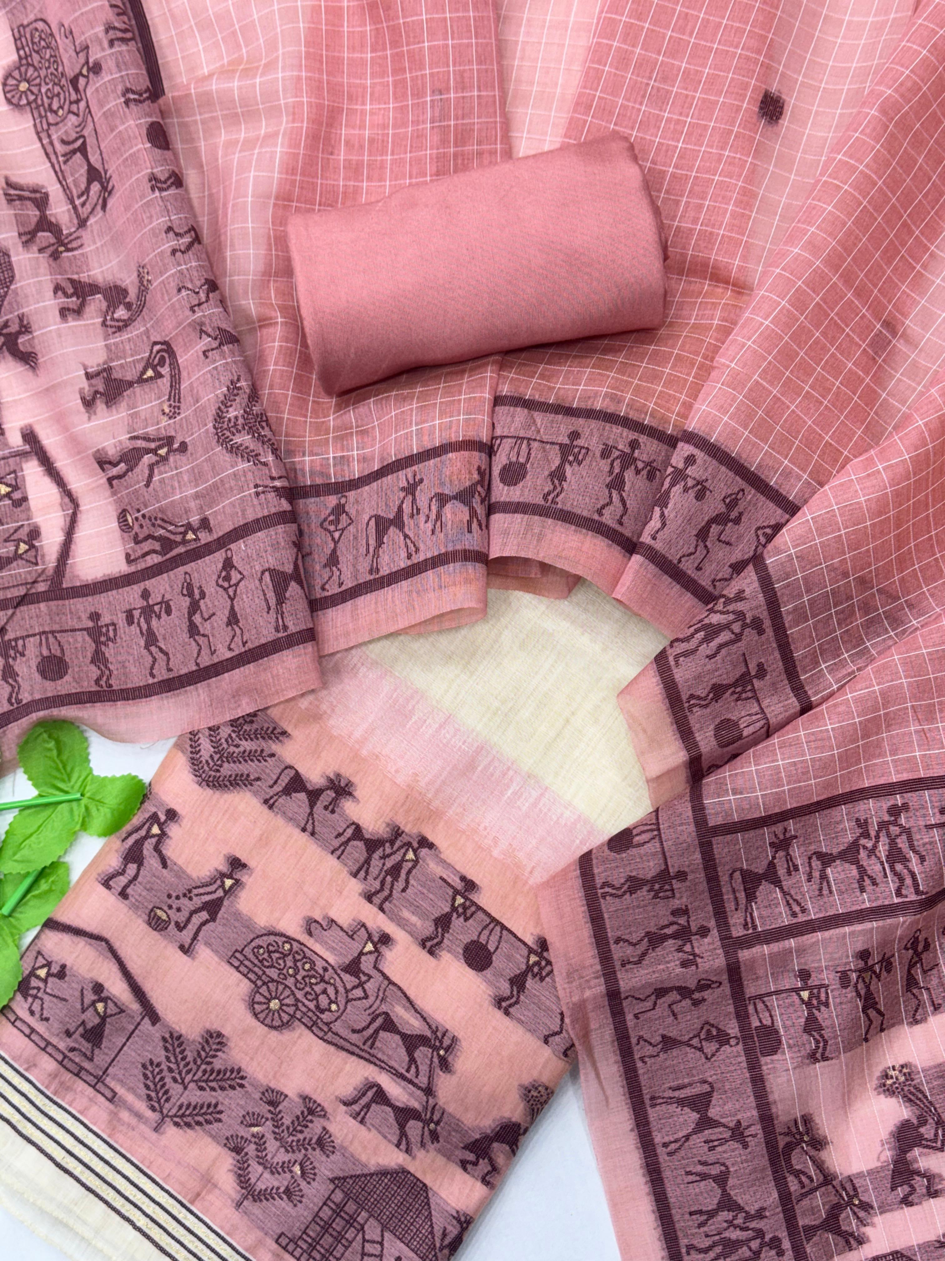 Baby Pink Pure Muga Silk Warli With All Over Butti Weaving Unstitched 3pis Dress Material