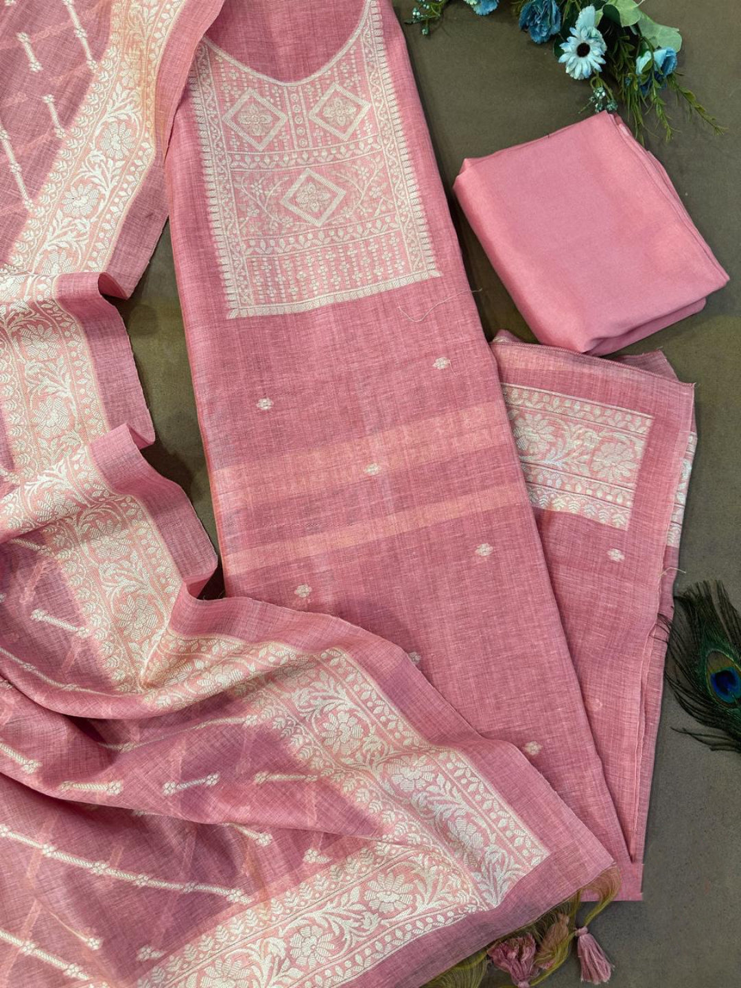 Rose Pink Pure Soft Muga Cotton Weaving Work Unstitched Dress Material