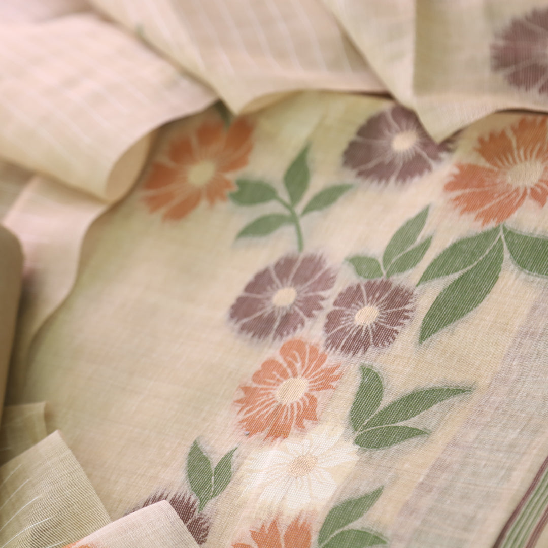 Cream Soft Muga Cotton Jamdani Flower Weaving Unstitched Dress Material