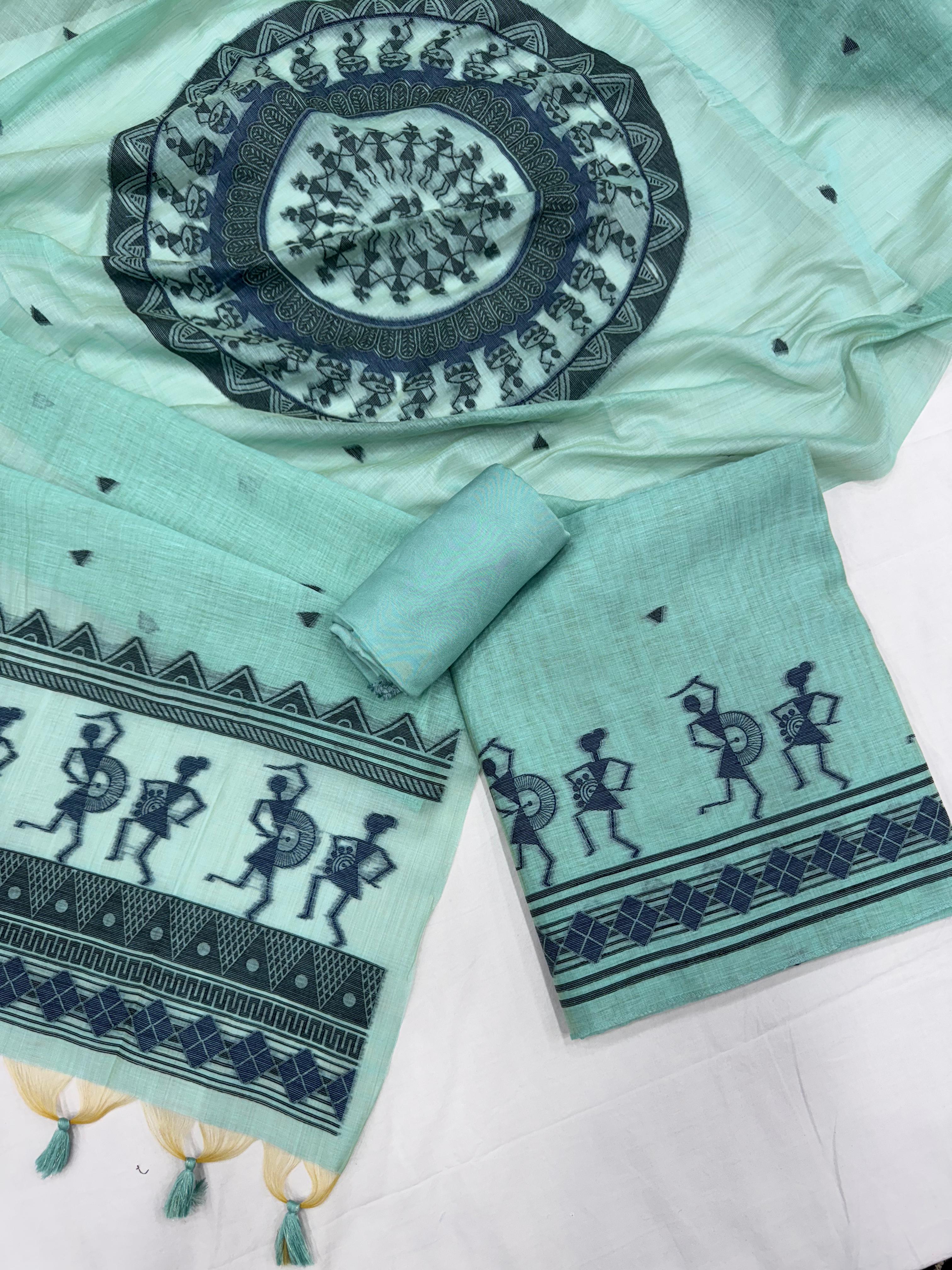 Aqua Blue Pure Muga Silk Warli With All Over Butti Weaving Unstitched 3pis Dress Material