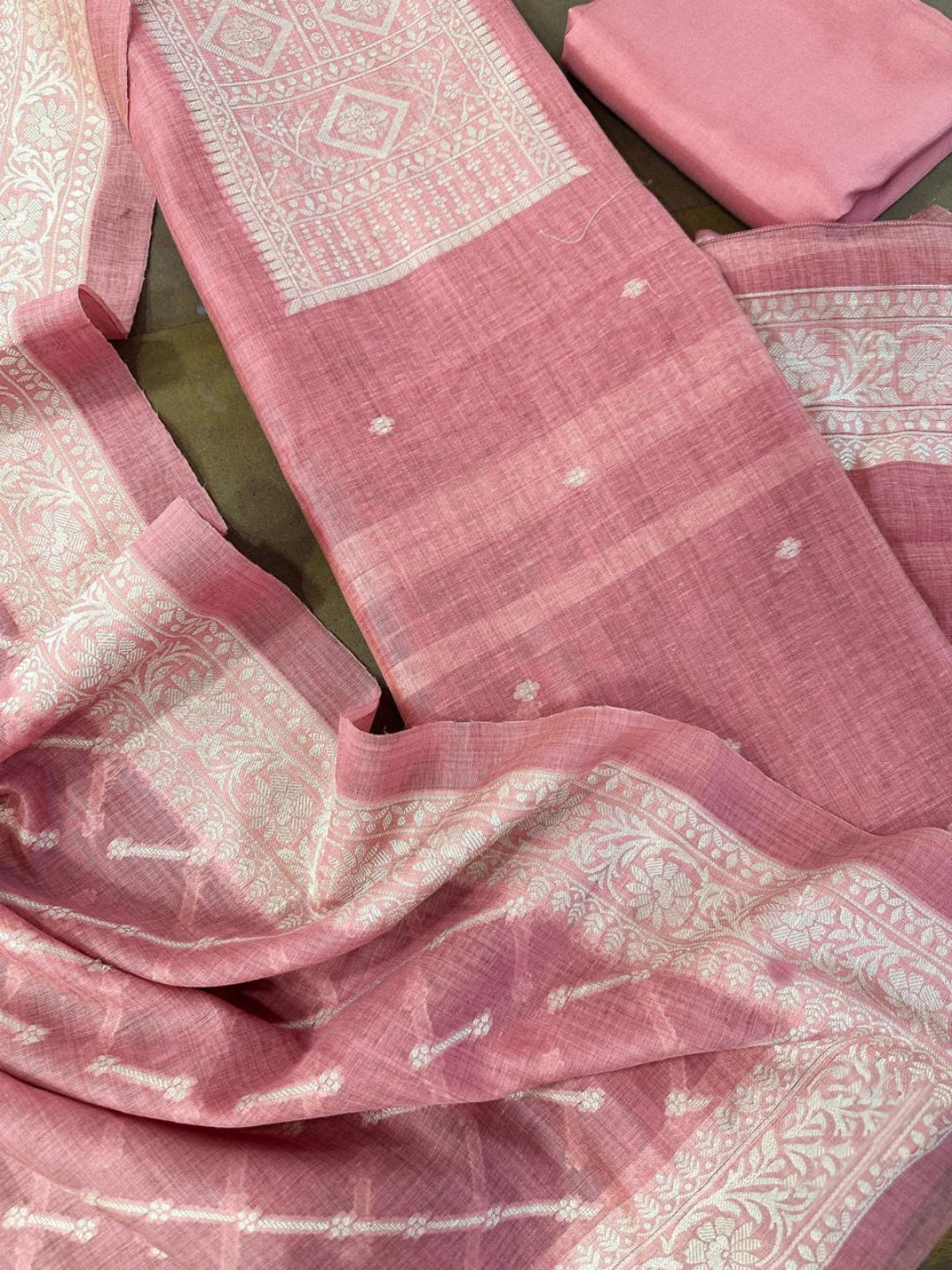 Rose Pink Pure Soft Muga Cotton Weaving Work Unstitched Dress Material