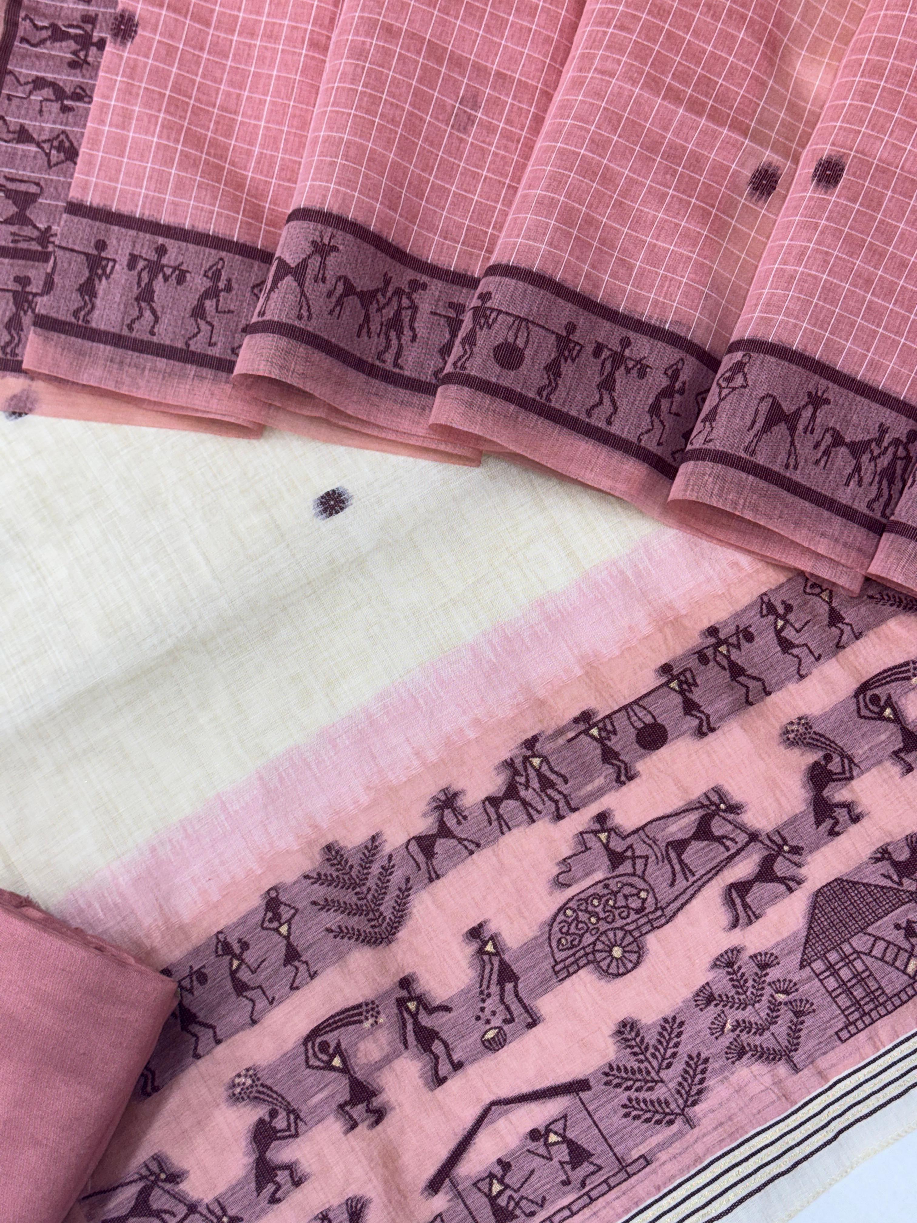 Baby Pink Pure Muga Silk Warli With All Over Butti Weaving Unstitched 3pis Dress Material