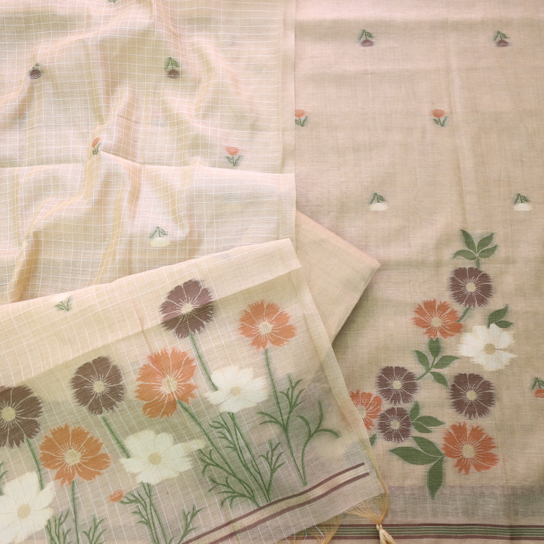 Cream Soft Muga Cotton Jamdani Flower Weaving Unstitched Dress Material