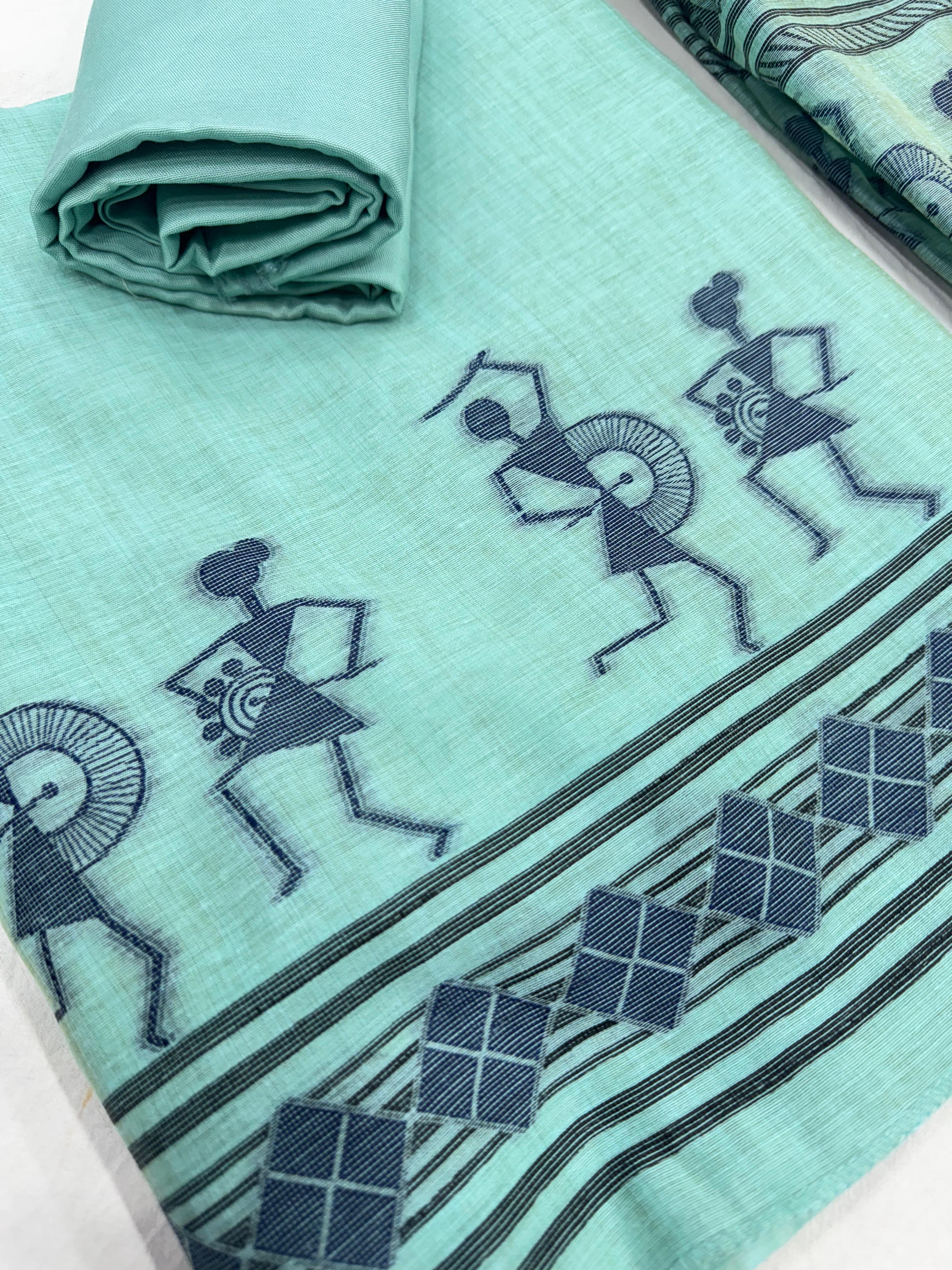 Aqua Blue Pure Muga Silk Warli With All Over Butti Weaving Unstitched 3pis Dress Material