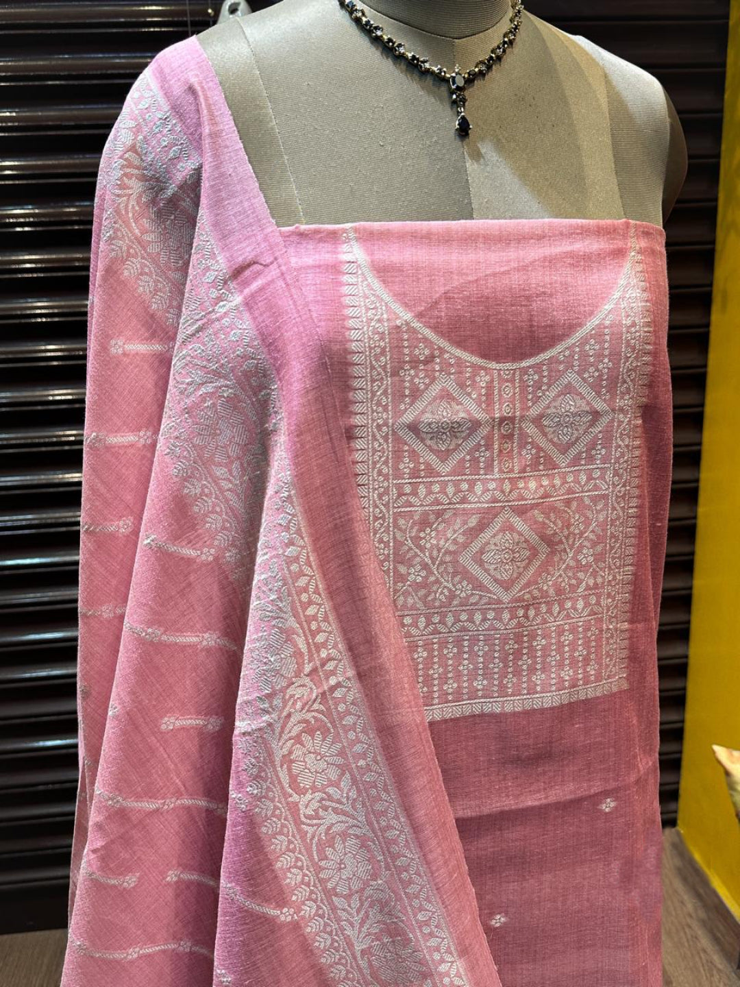Rose Pink Pure Soft Muga Cotton Weaving Work Unstitched Dress Material