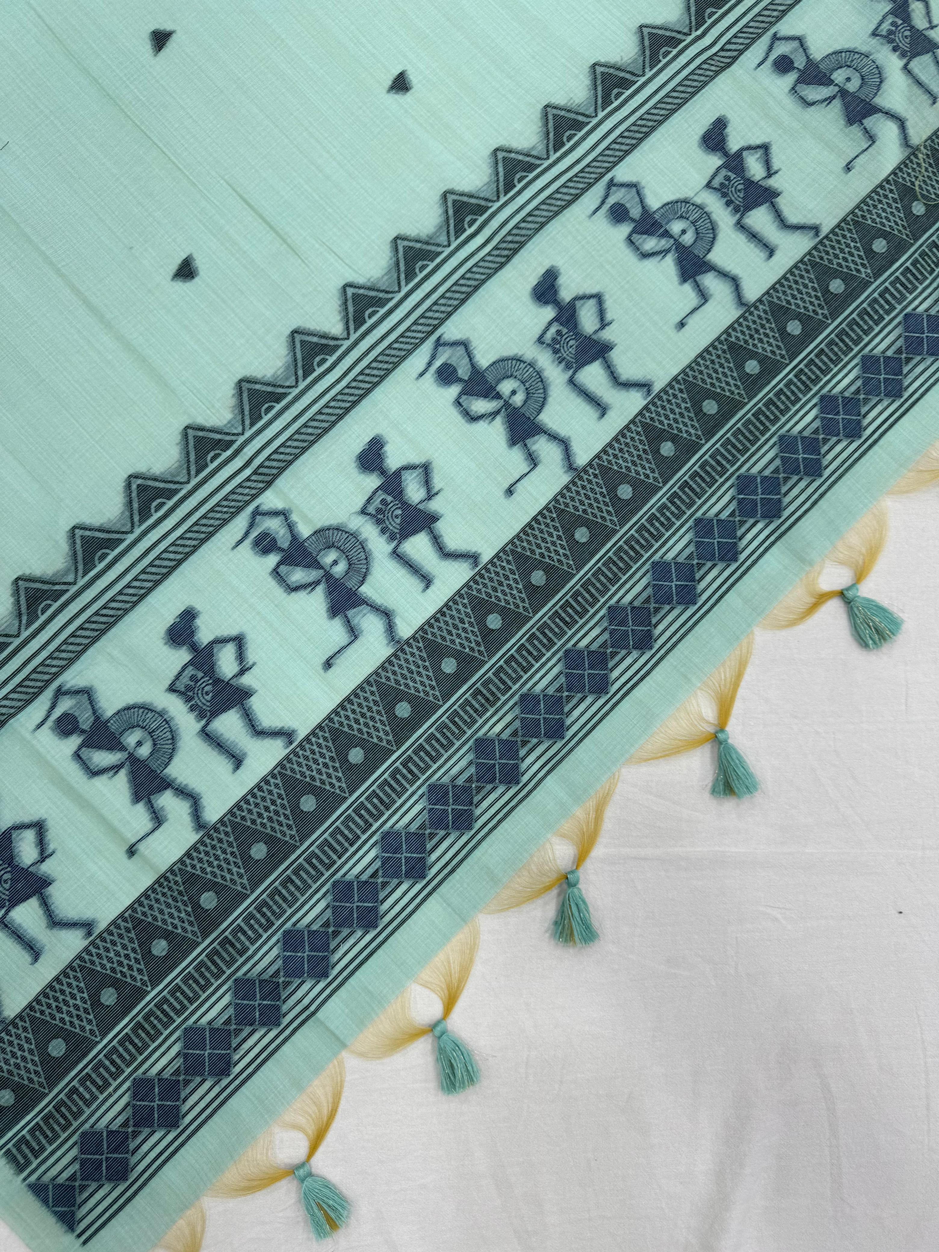 Aqua Blue Pure Muga Silk Warli With All Over Butti Weaving Unstitched 3pis Dress Material