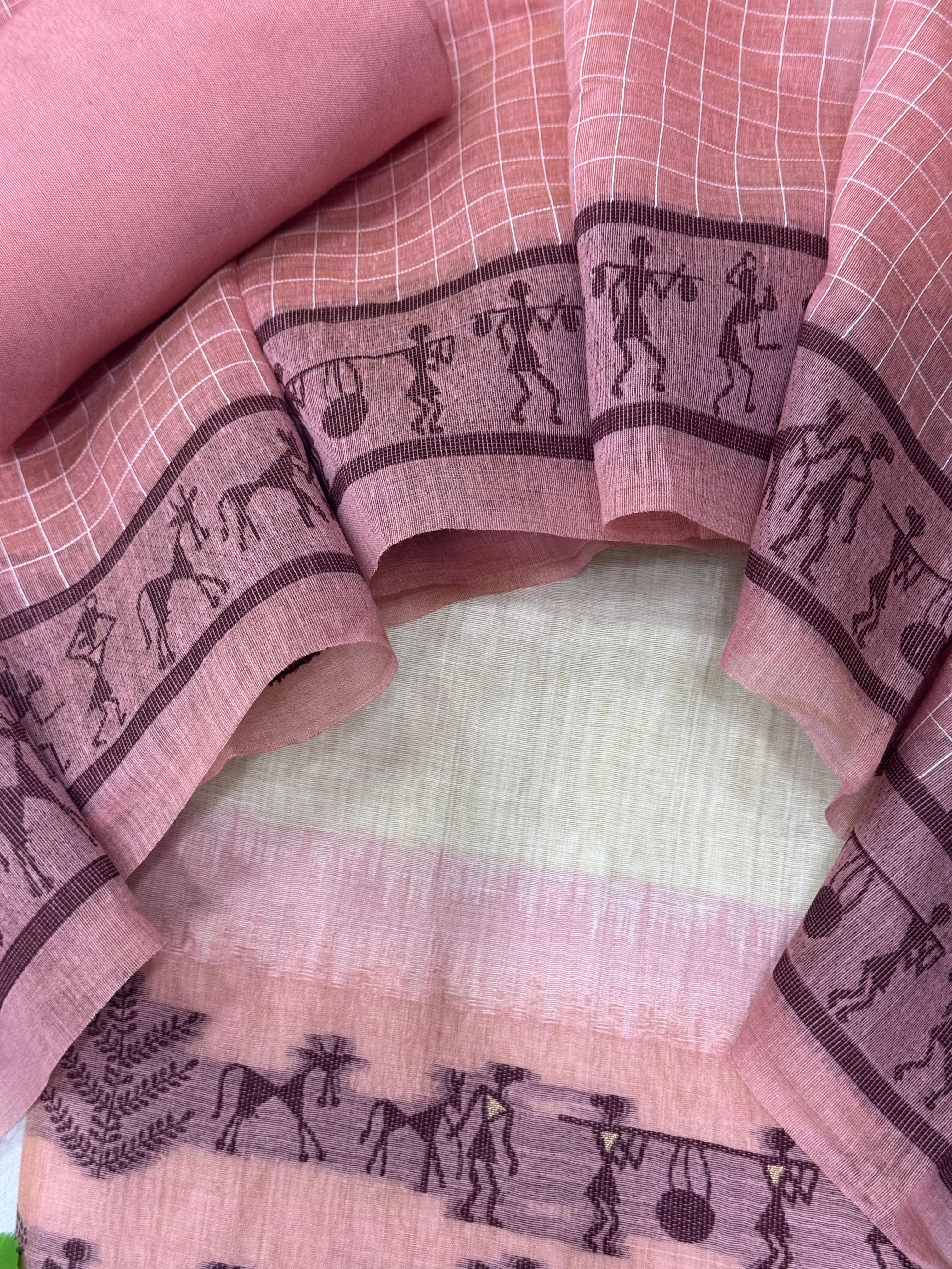 Baby Pink Pure Muga Silk Warli With All Over Butti Weaving Unstitched 3pis Dress Material