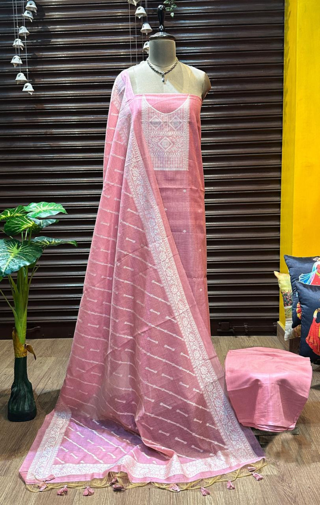 Rose Pink Pure Soft Muga Cotton Weaving Work Unstitched Dress Material