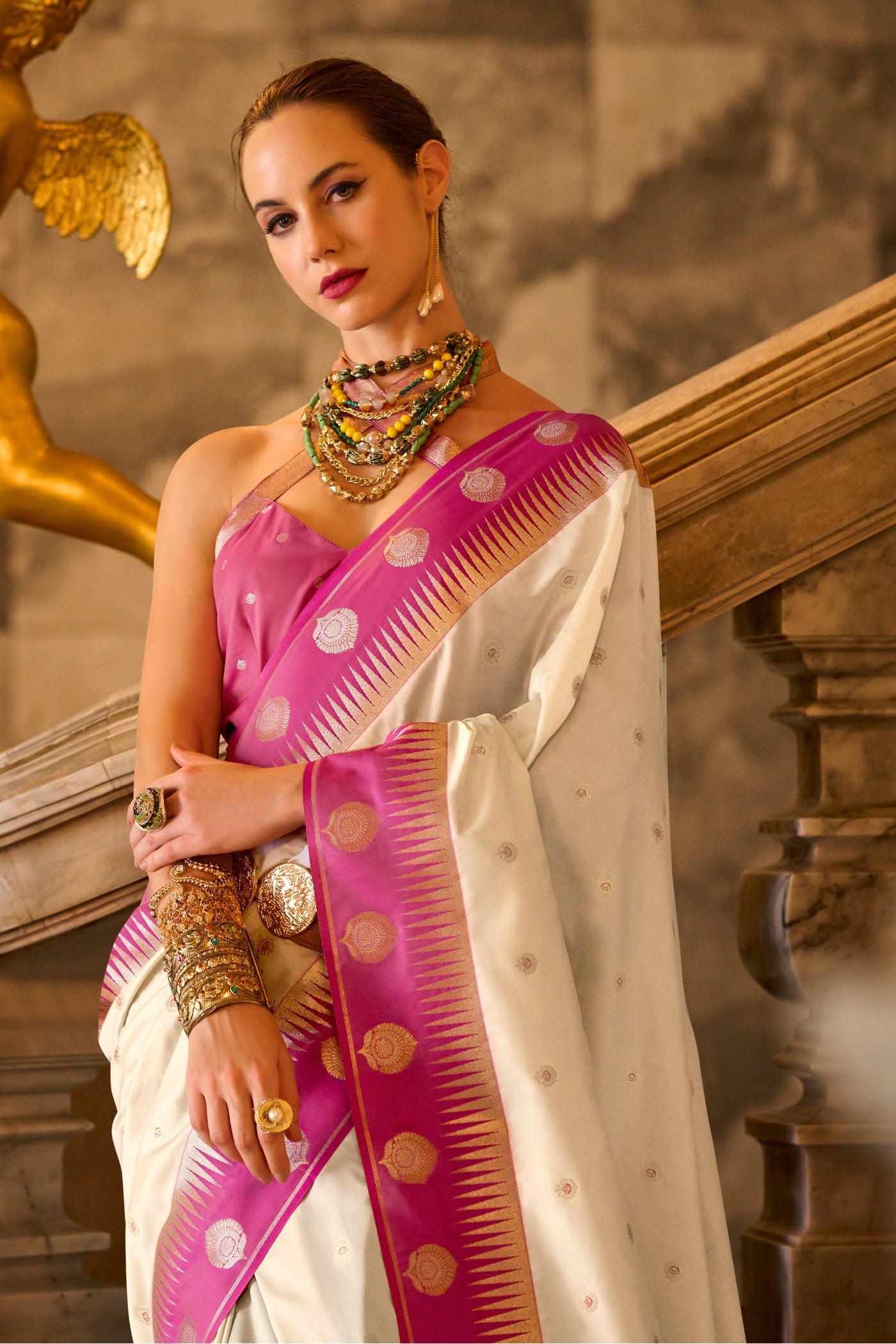 Cherry Cream Pure Soft Banarasi Silk Weaving Saree