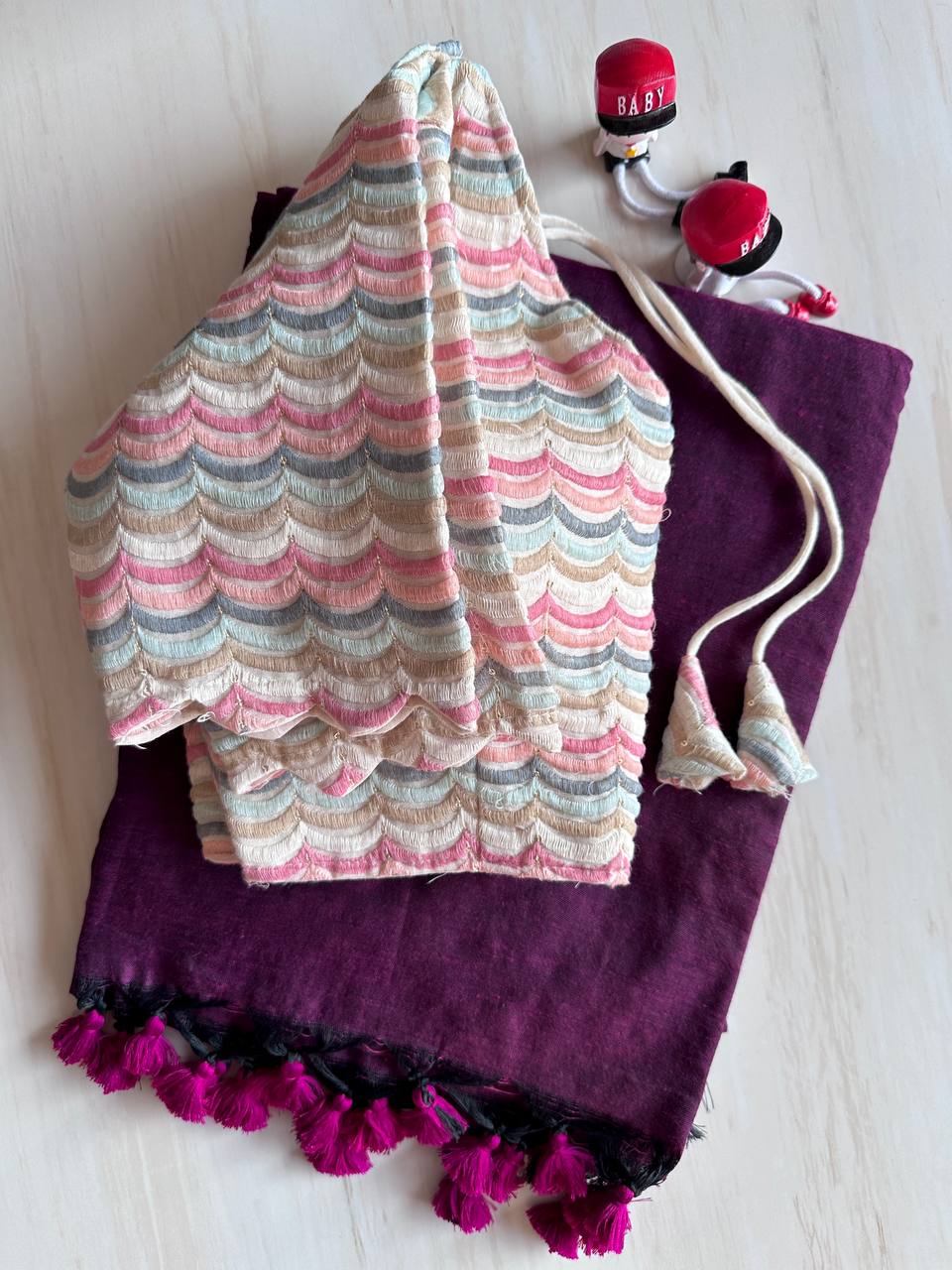 Valuable Deep Wine Original Khadi Cotton With Tasselse on Border