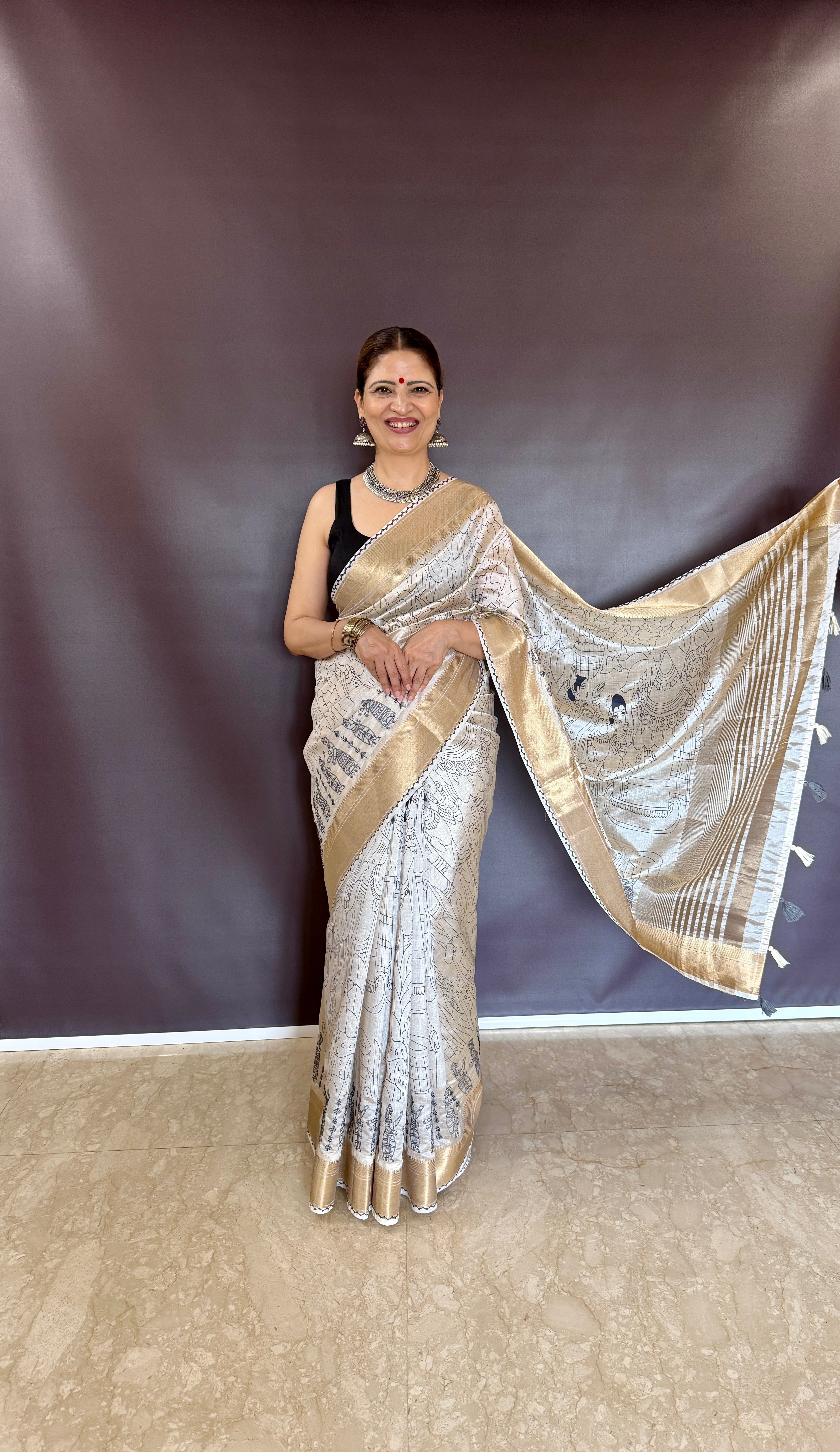 Summer Special Blue Hand Block With Work Linen Silk Saree