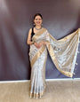 Summer Special Blue Hand Block With Work Linen Silk Saree