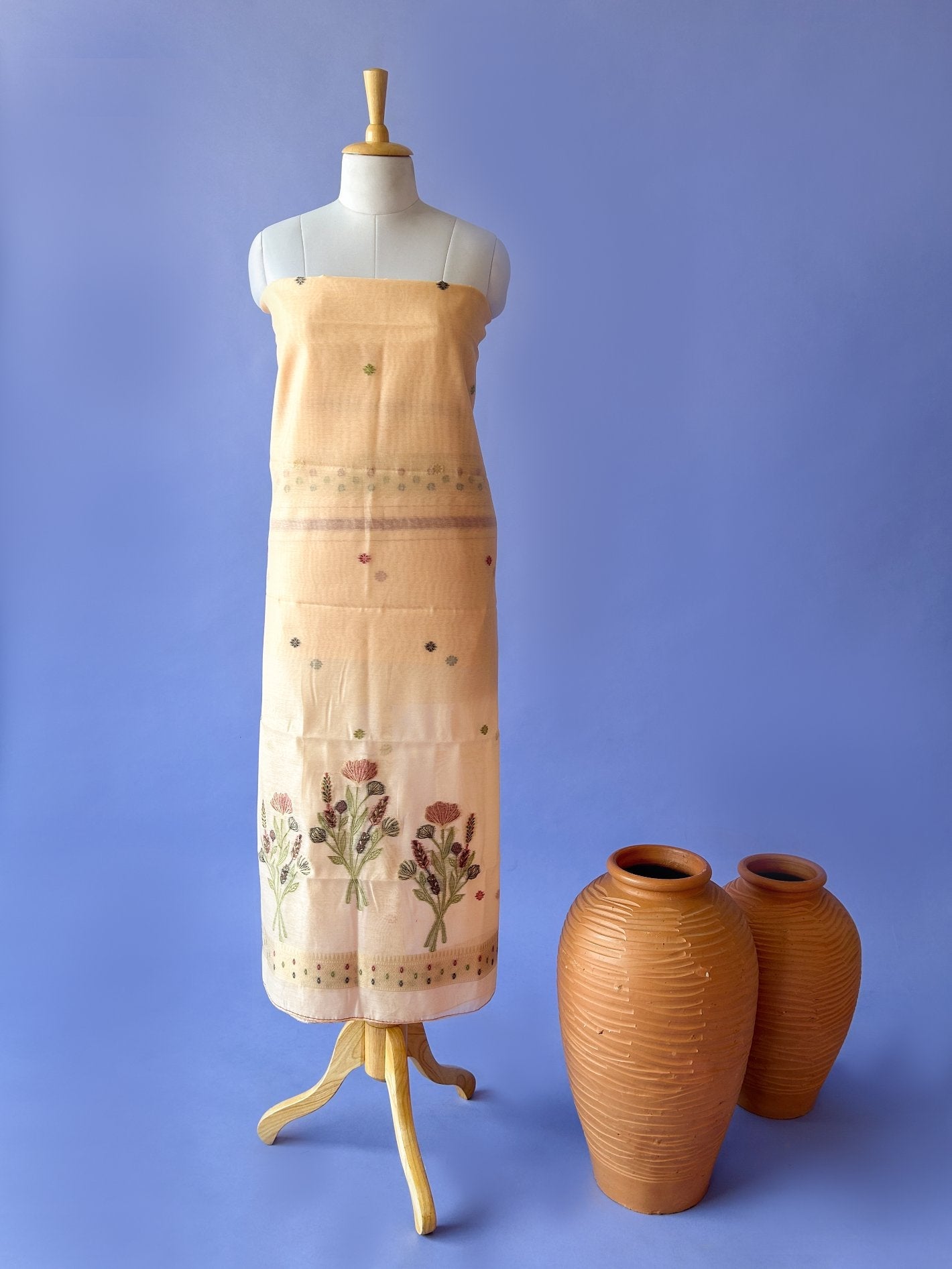 Peach Soft Muga Cotton Jamdani Flower Weaving Unstitched Dress Material