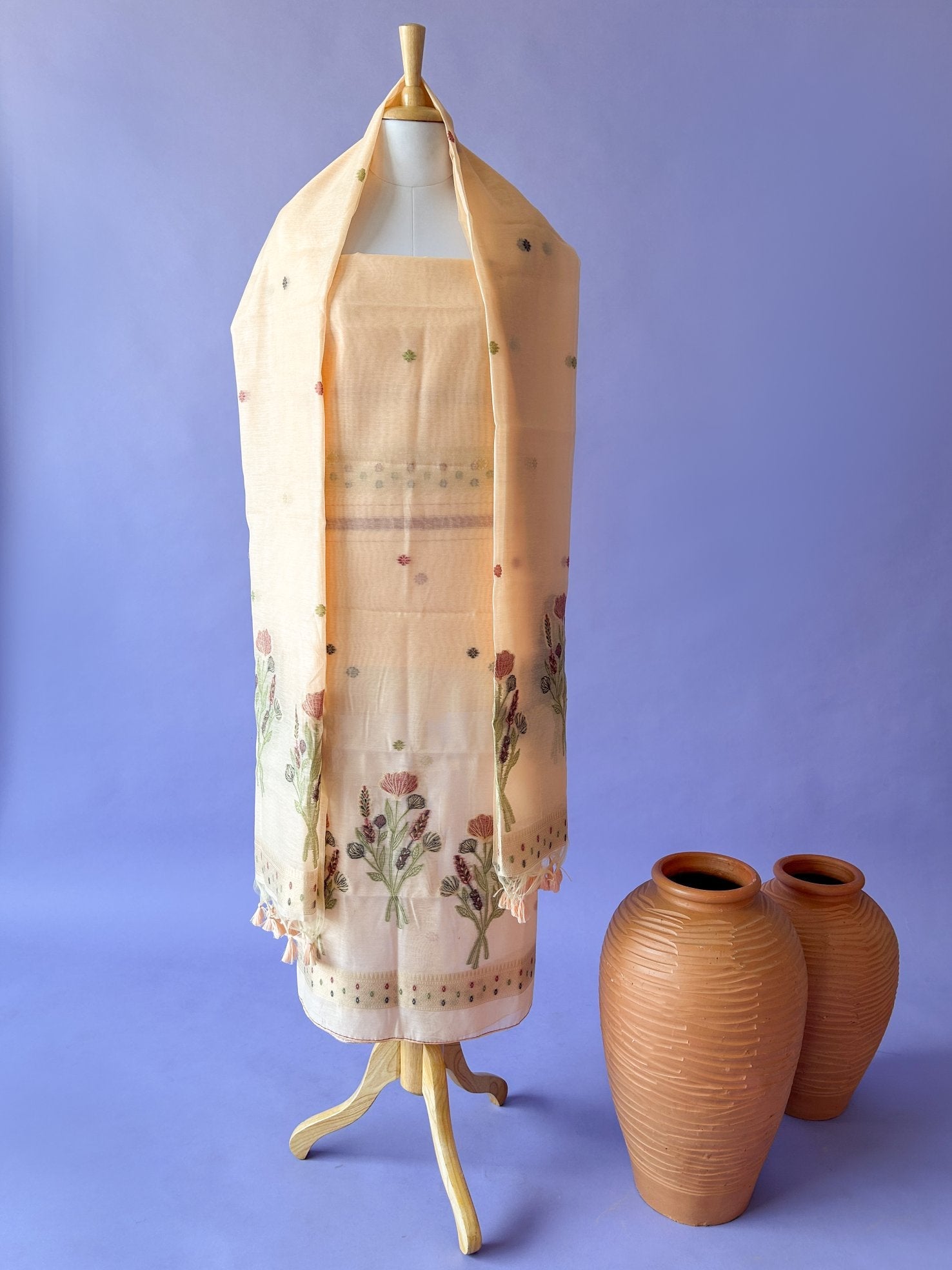 Peach Soft Muga Cotton Jamdani Flower Weaving Unstitched Dress Material