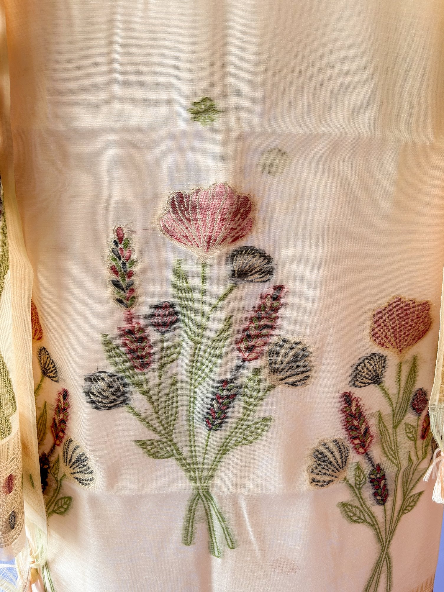 Peach Soft Muga Cotton Jamdani Flower Weaving Unstitched Dress Material