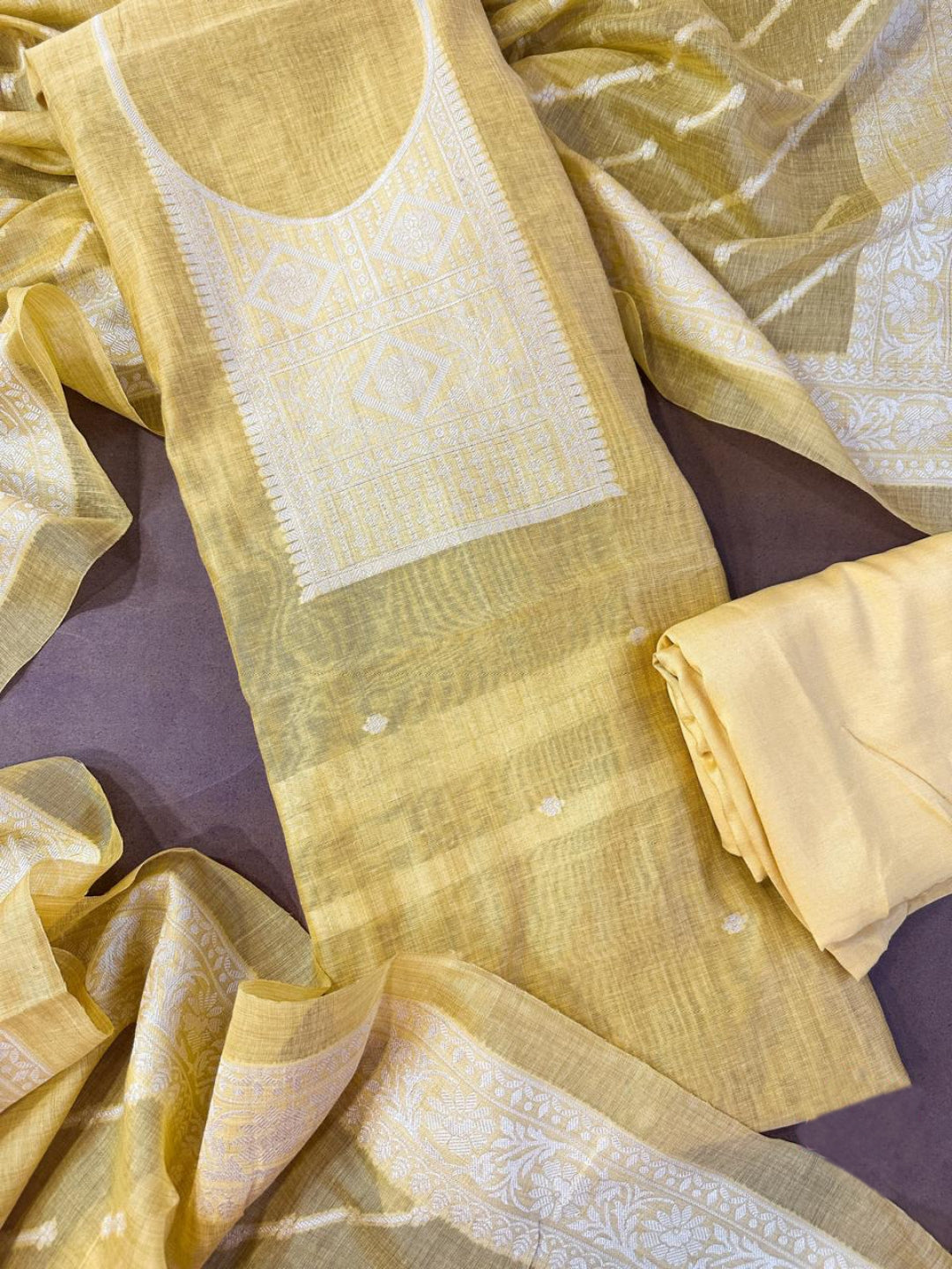 Harvest Gold Pure Soft Muga Cotton Weaving Work Unstitched Dress Material