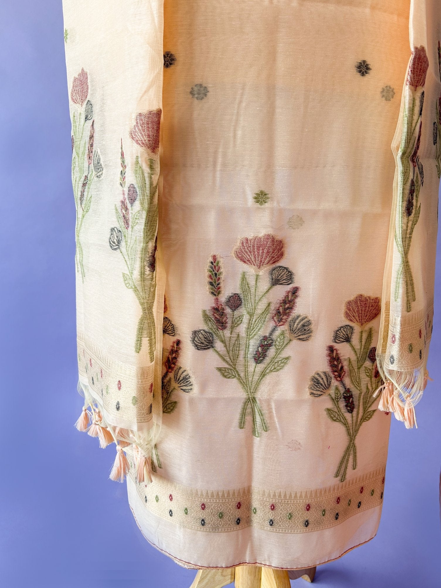 Peach Soft Muga Cotton Jamdani Flower Weaving Unstitched Dress Material