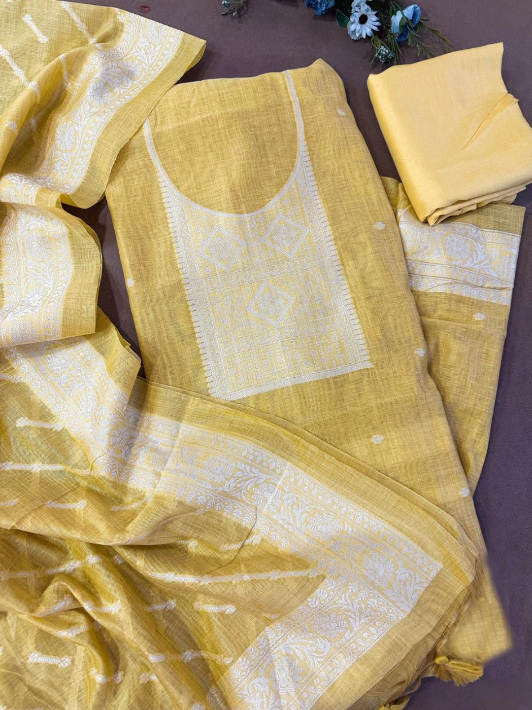 Harvest Gold Pure Soft Muga Cotton Weaving Work Unstitched Dress Material