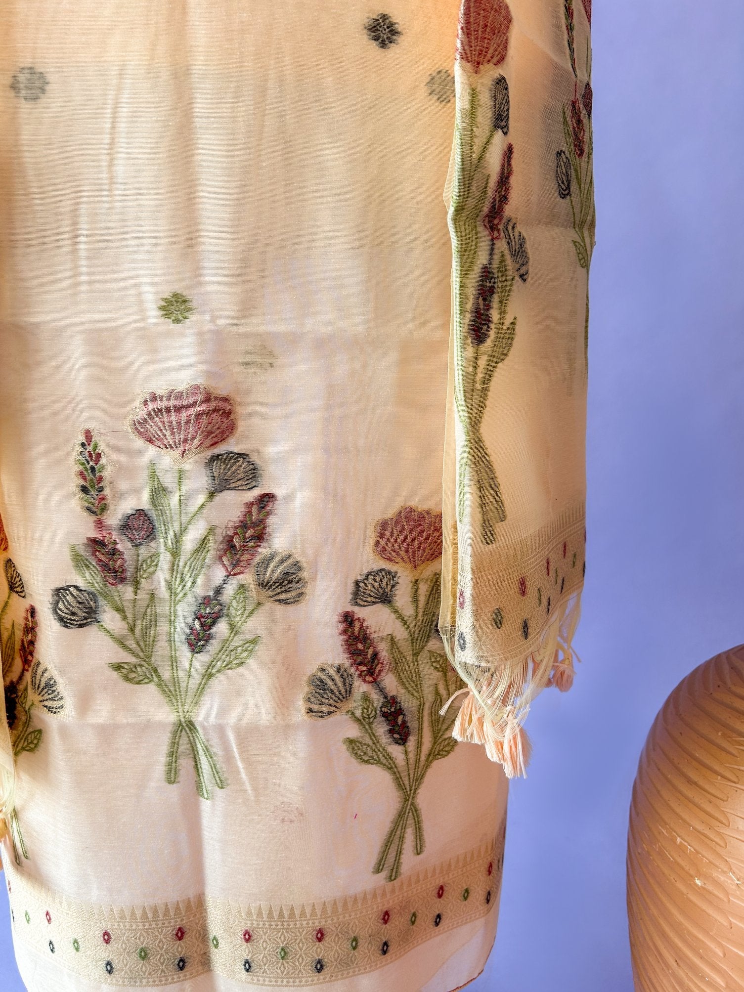 Peach Soft Muga Cotton Jamdani Flower Weaving Unstitched Dress Material