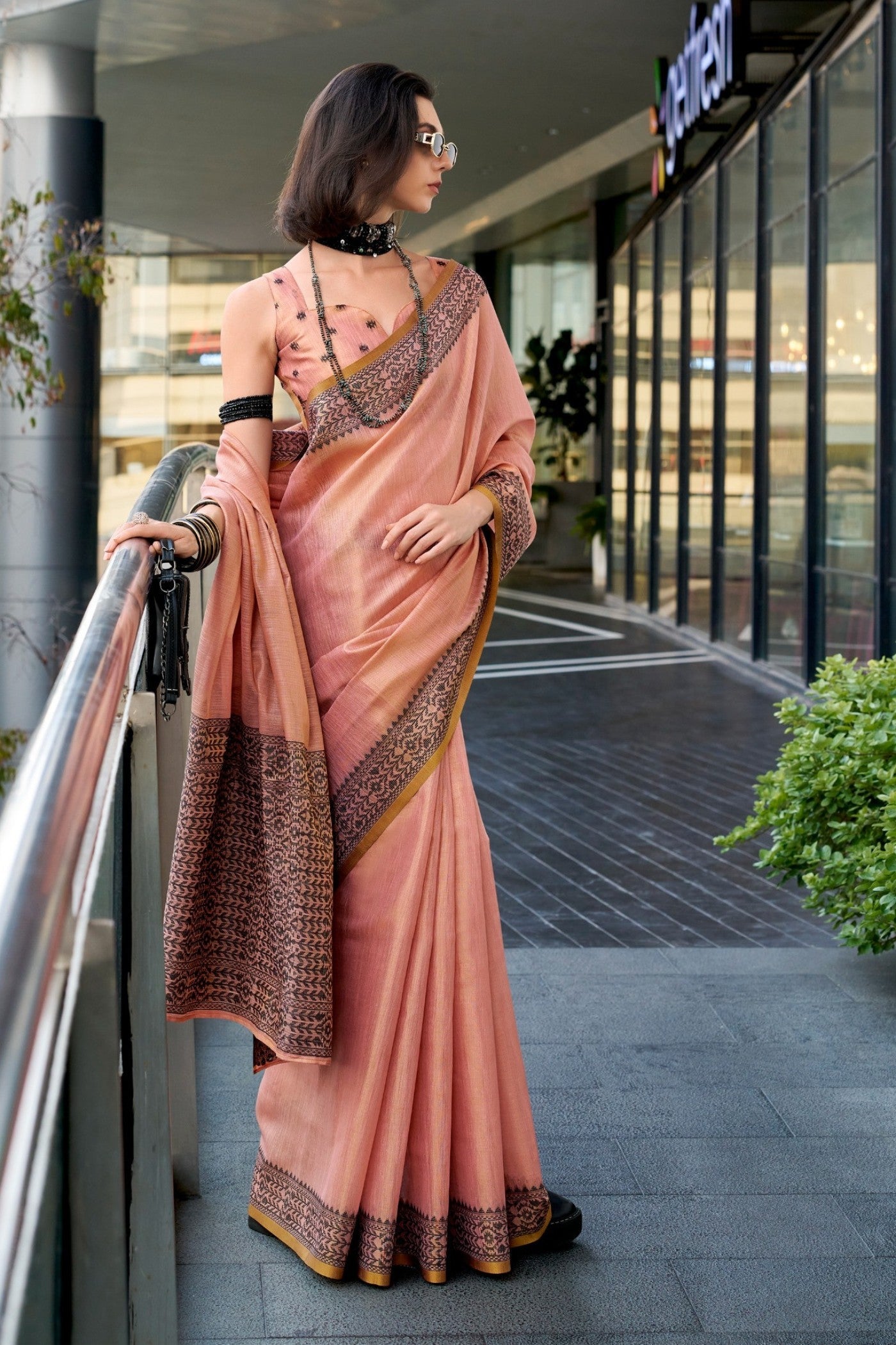BlackBerry Blush Orange Pure Linen Tissue Silk Woven Saree