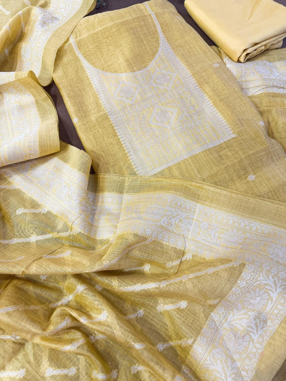 Harvest Gold Pure Soft Muga Cotton Weaving Work Unstitched Dress Material