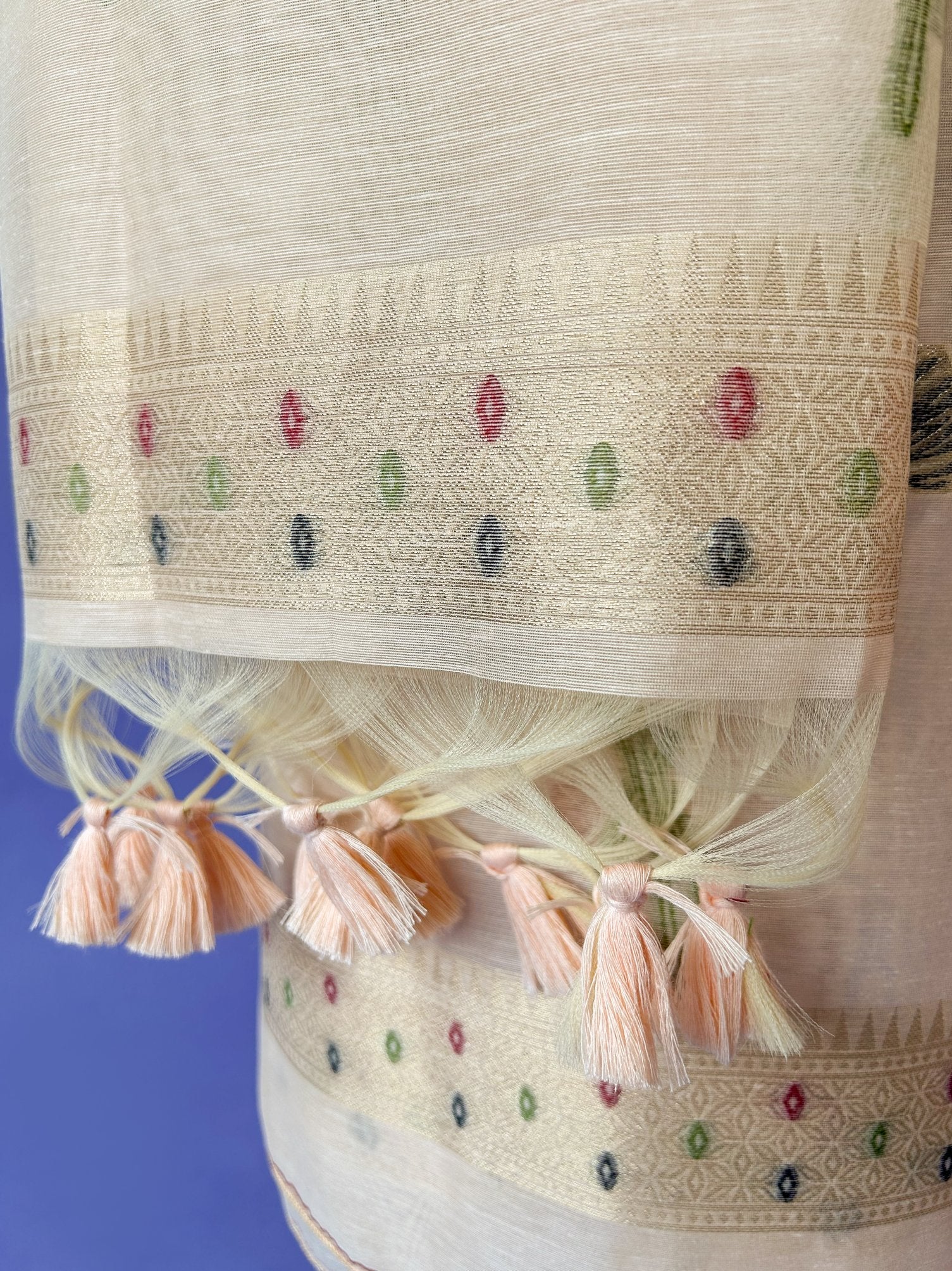 Peach Soft Muga Cotton Jamdani Flower Weaving Unstitched Dress Material