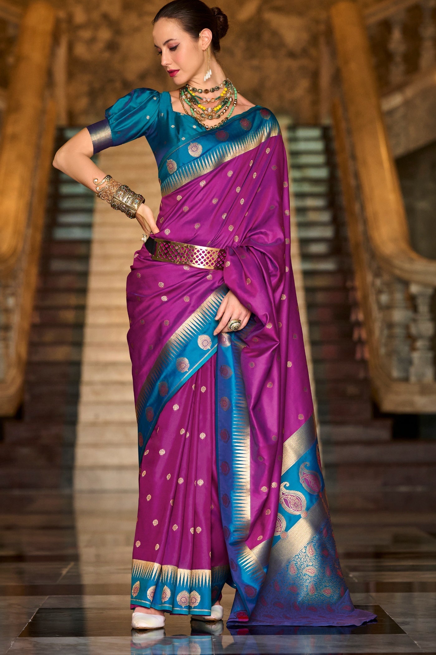 Cherry Purple Pure Soft Banarasi Silk Weaving Saree