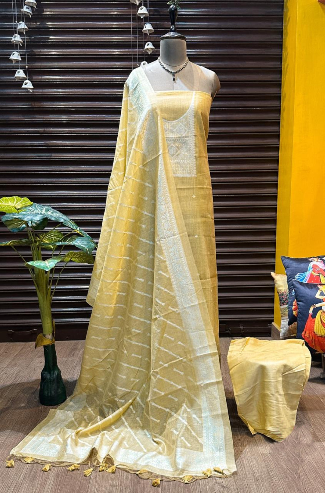 Harvest Gold Pure Soft Muga Cotton Weaving Work Unstitched Dress Material