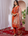 Orange Viscose Silk Embroidery Thread With Hand Work Suit Set