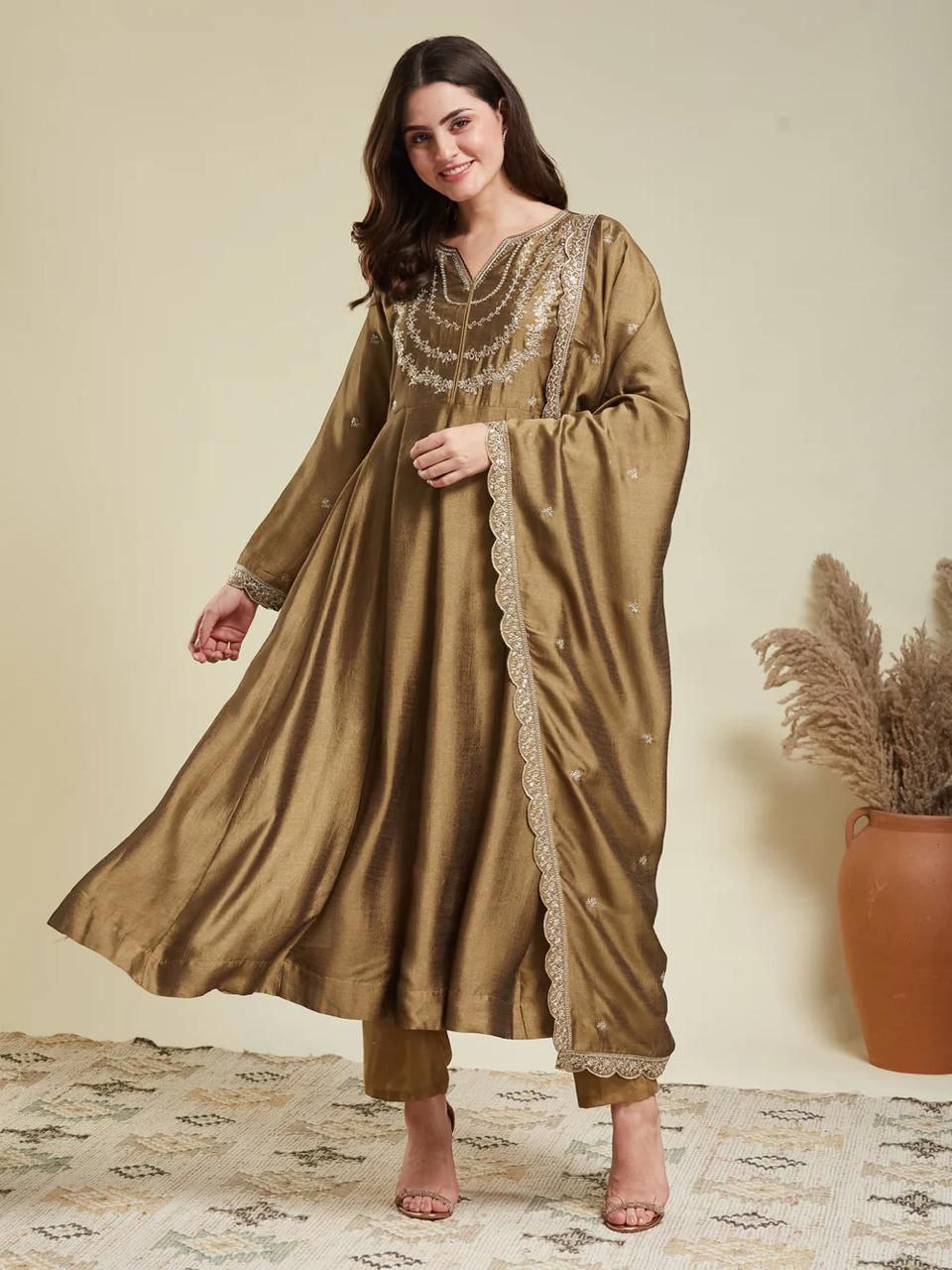 Magnificent Dark Beige Vichhitra Silk Embroidery Work Suit Set