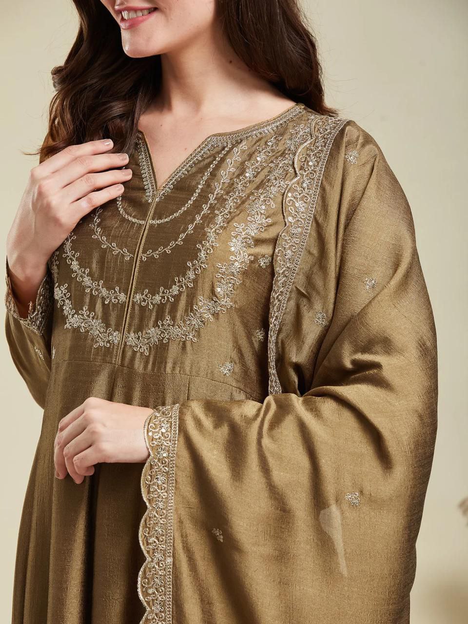 Magnificent Dark Beige Vichhitra Silk Embroidery Work Suit Set