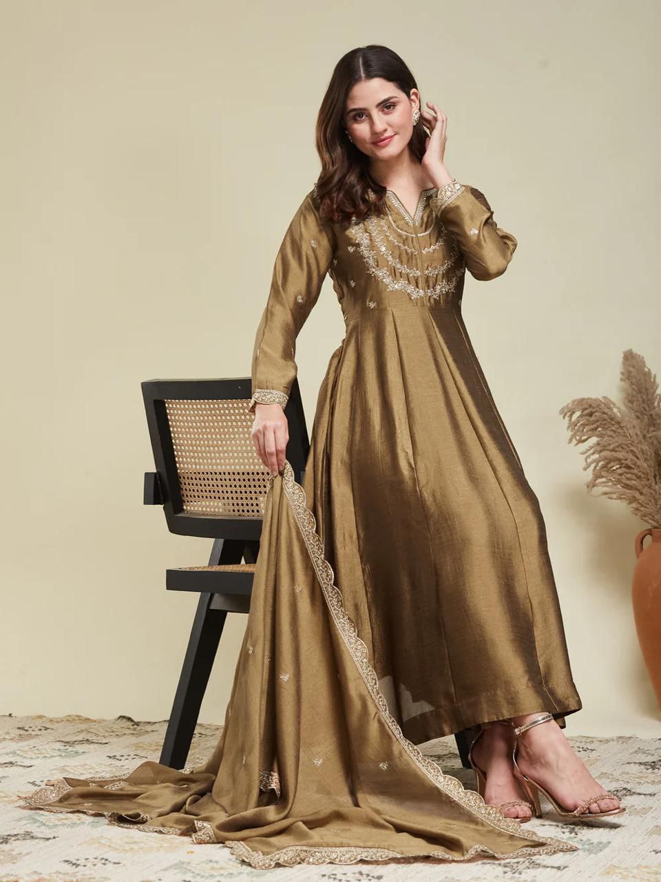 Magnificent Dark Beige Vichhitra Silk Embroidery Work Suit Set