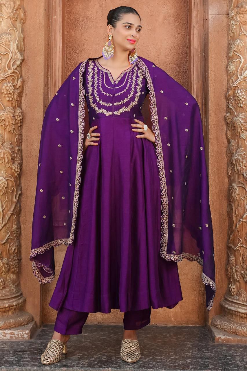 Amazing Purple Vichhitra Silk Embroidery Work Suit Set