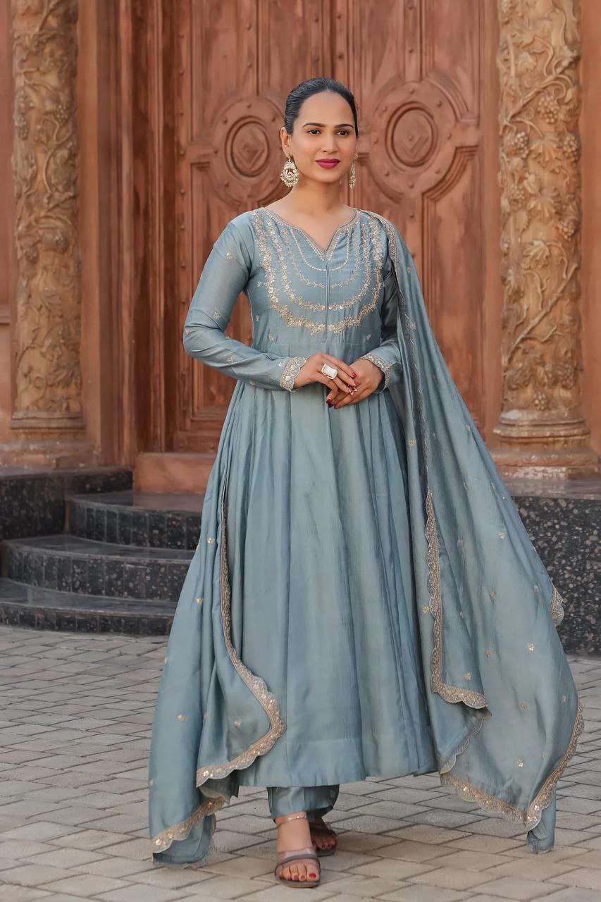 Splendid Grey Vichhitra Silk Embroidery Work Suit Set