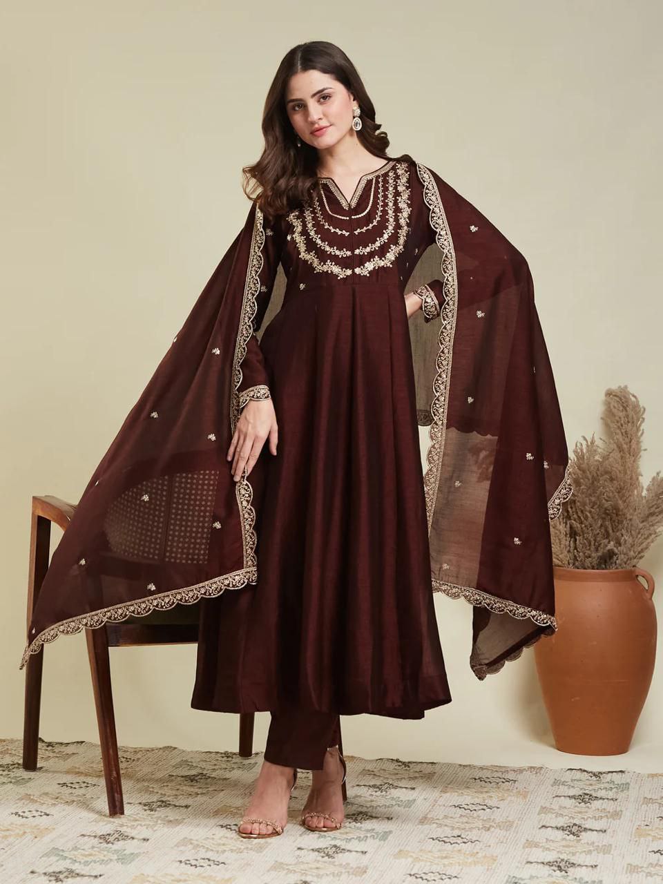 Fabulous Brown Vichhitra Silk Embroidery Work Suit Set