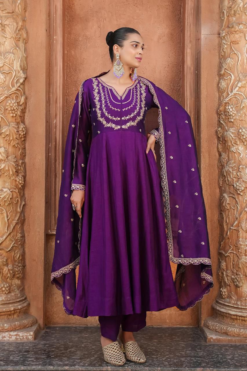 Amazing Purple Vichhitra Silk Embroidery Work Suit Set