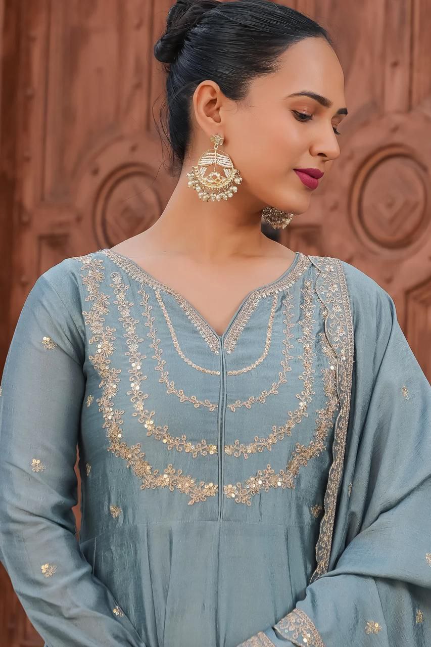 Splendid Grey Vichhitra Silk Embroidery Work Suit Set