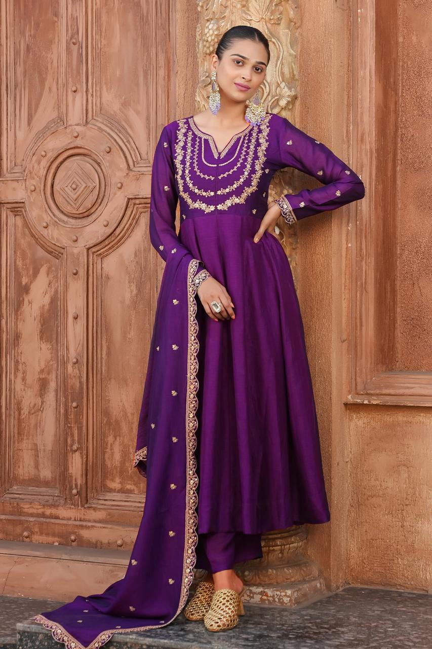 Amazing Purple Vichhitra Silk Embroidery Work Suit Set