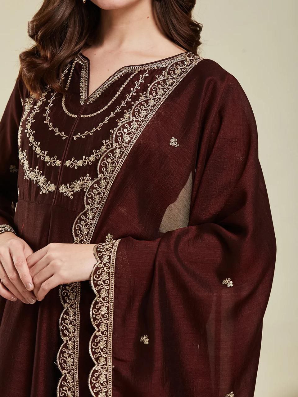 Fabulous Brown Vichhitra Silk Embroidery Work Suit Set