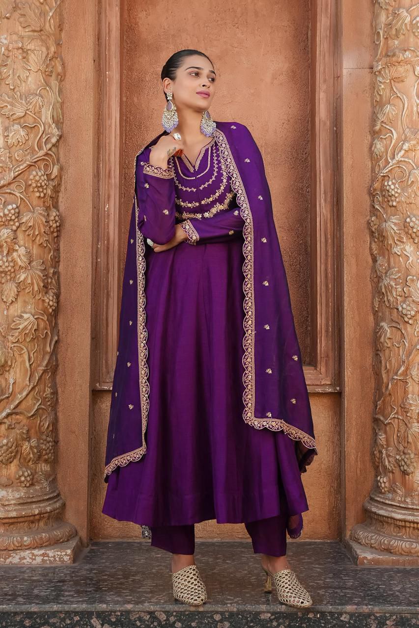 Amazing Purple Vichhitra Silk Embroidery Work Suit Set