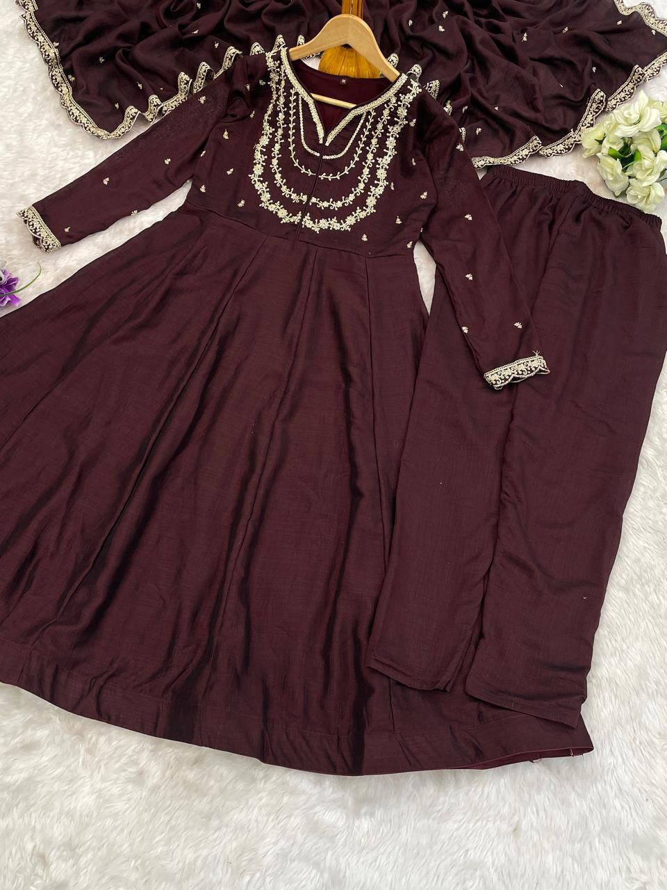 Fabulous Brown Vichhitra Silk Embroidery Work Suit Set